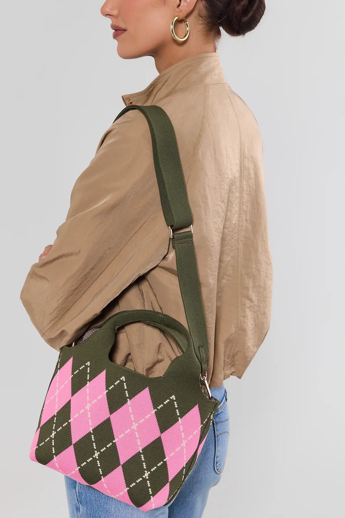 Pink Argyle Woven Bucket Bag - On Model Crossbody Side View | Avara