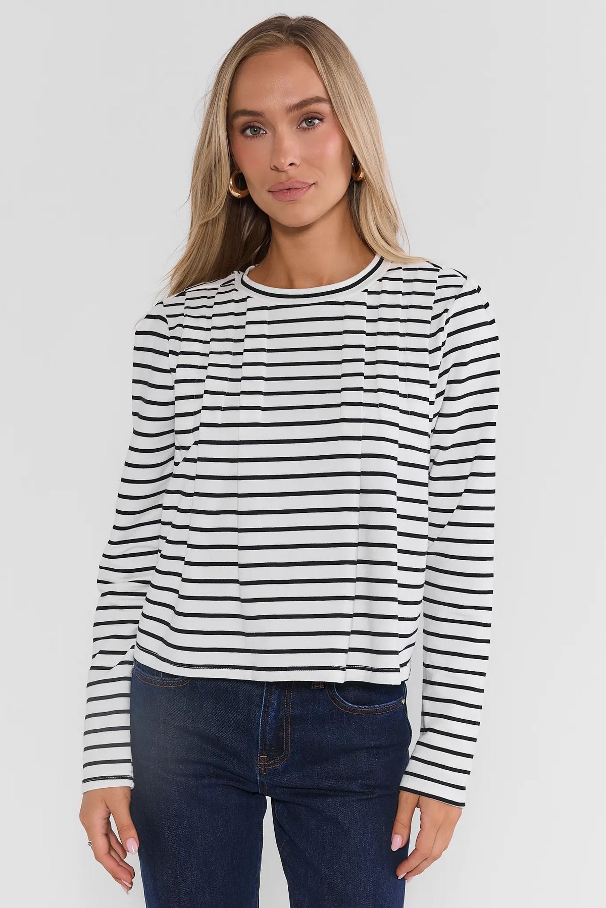 White Black Striped Pleated Top - Front View On Model | Avara