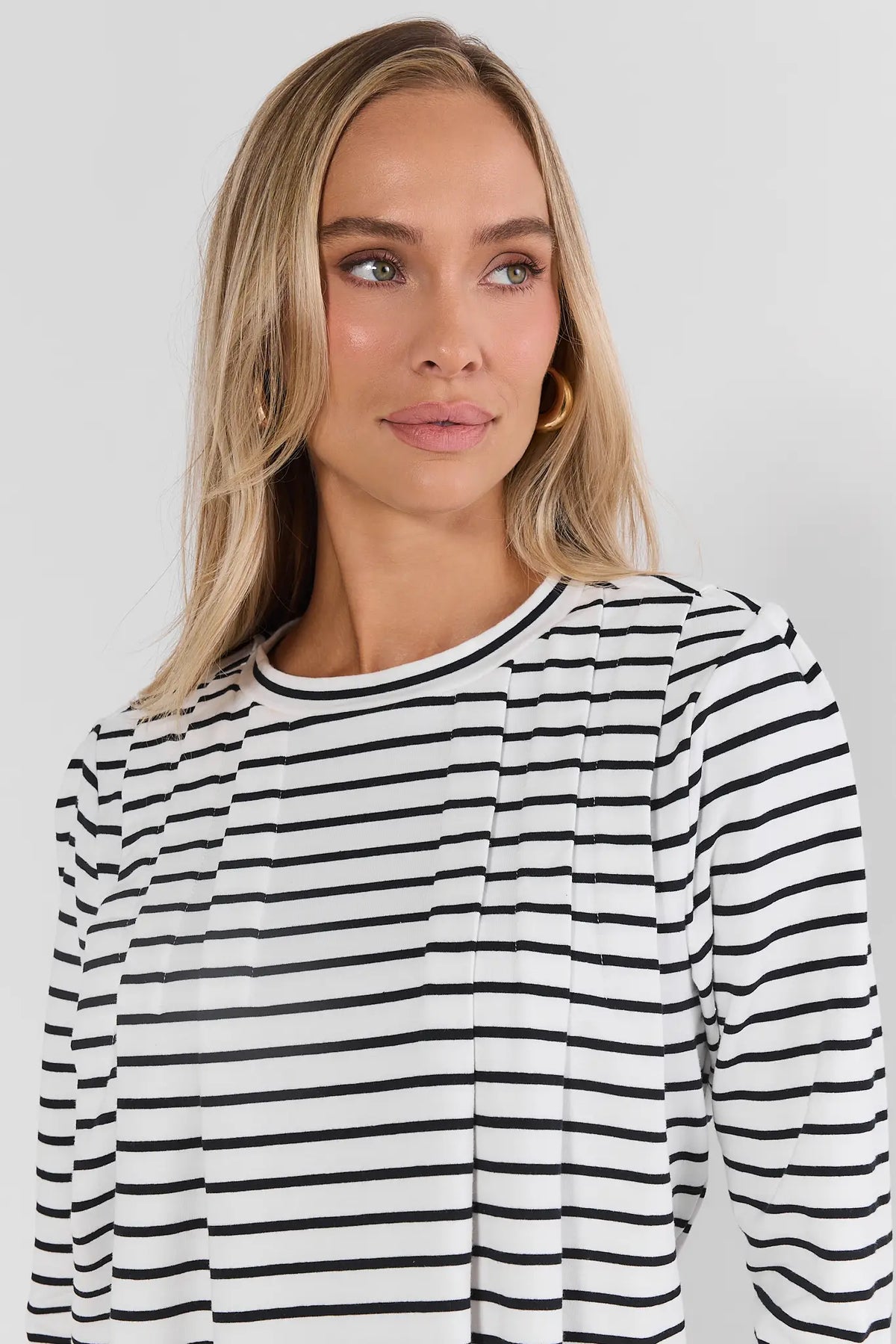 White Striped Pleated Top - Close-Up Pleat & Neckline Detail | Avara