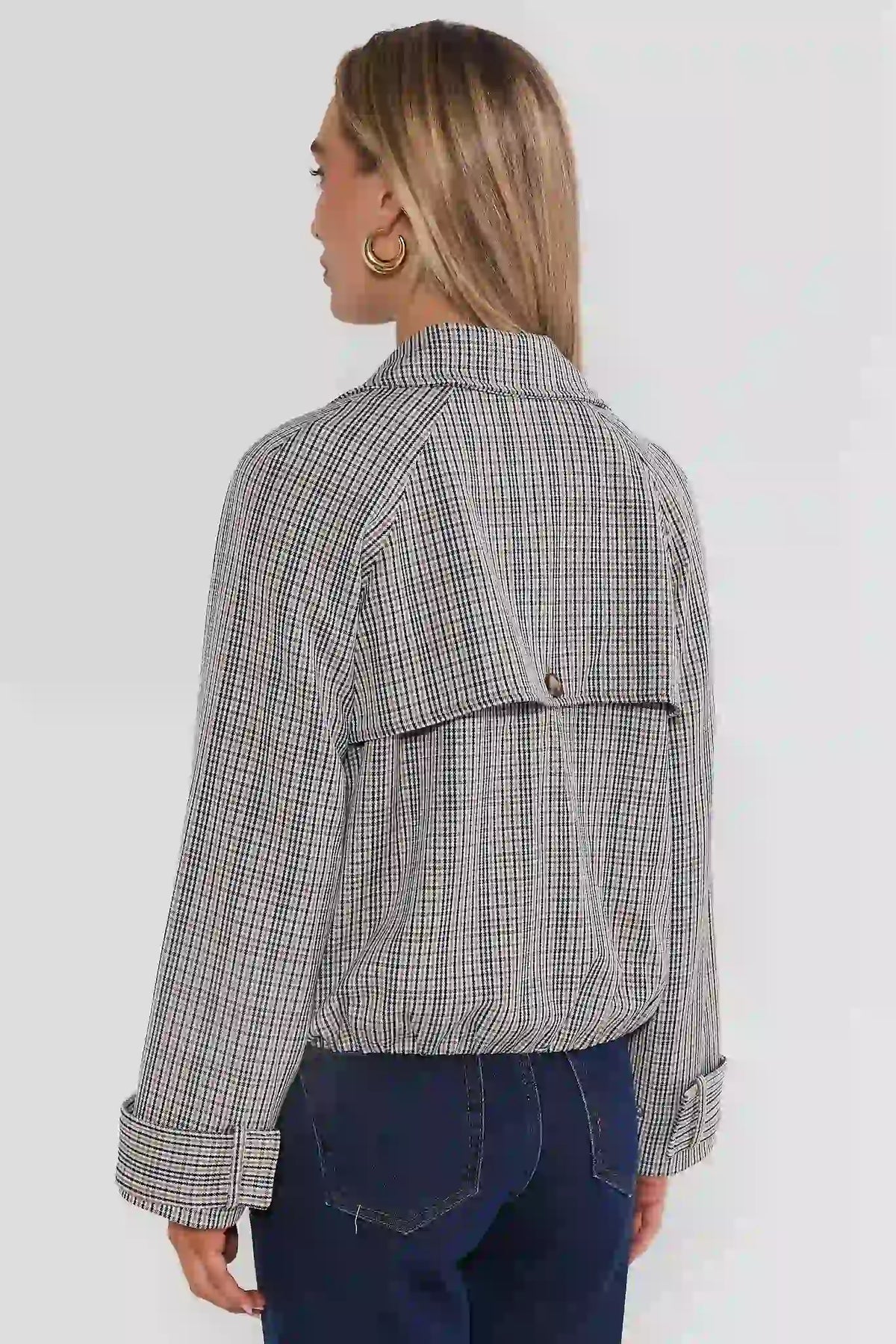 Brown Plaid Cropped Trench Jacket - Back View Showing Yoke & Cuffs | Avara