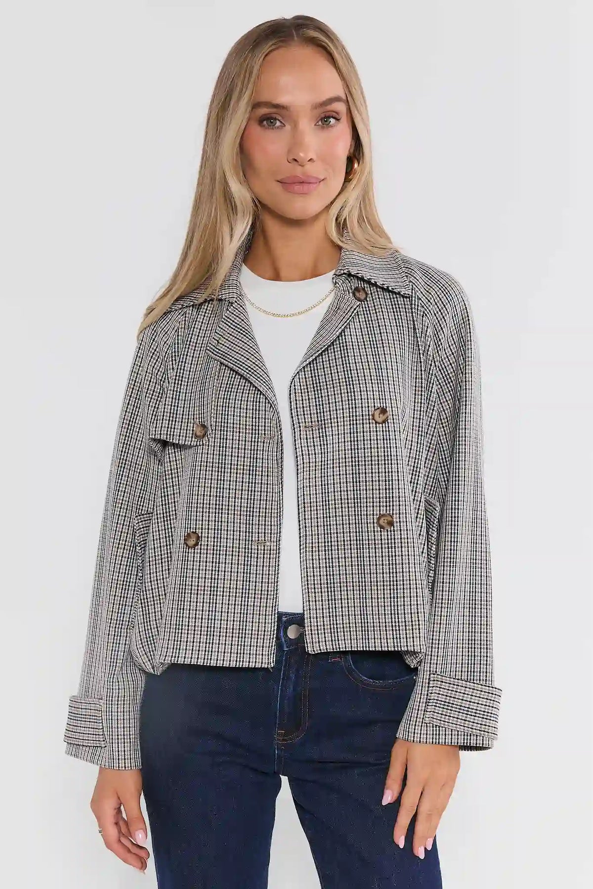 Brown Plaid Cropped Trench Jacket - Front View On Model with Denim | Avara