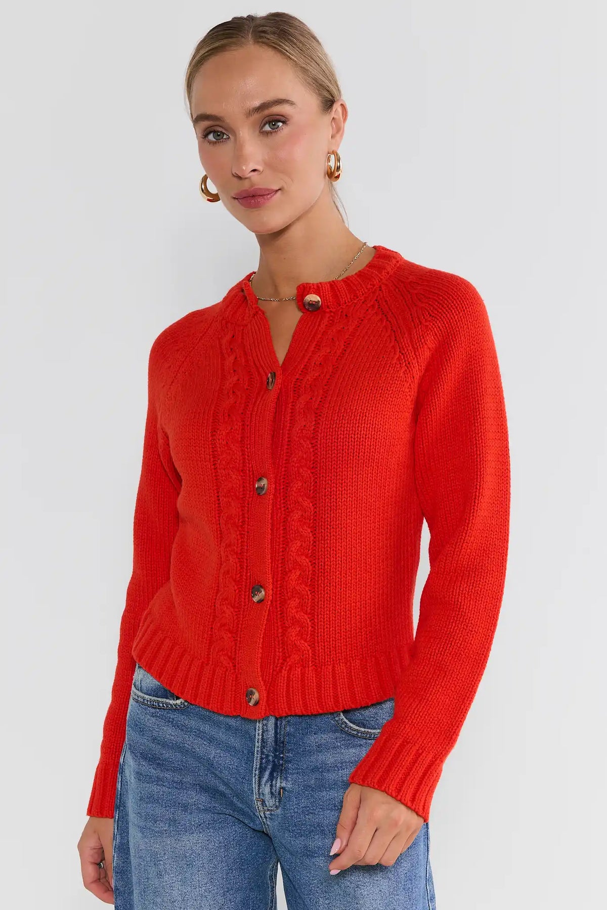 Red Cable Knit Cardigan Sweater - Front 3/4 View On Model with Button-Front | Avara