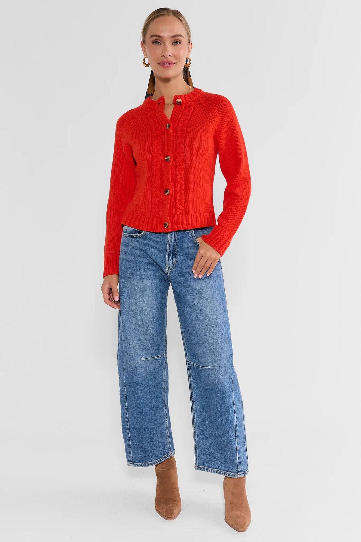 Red Knit Cardigan Sweater - Full Front View Styled with Wide-Leg Jeans & Ankle Boots | Avara