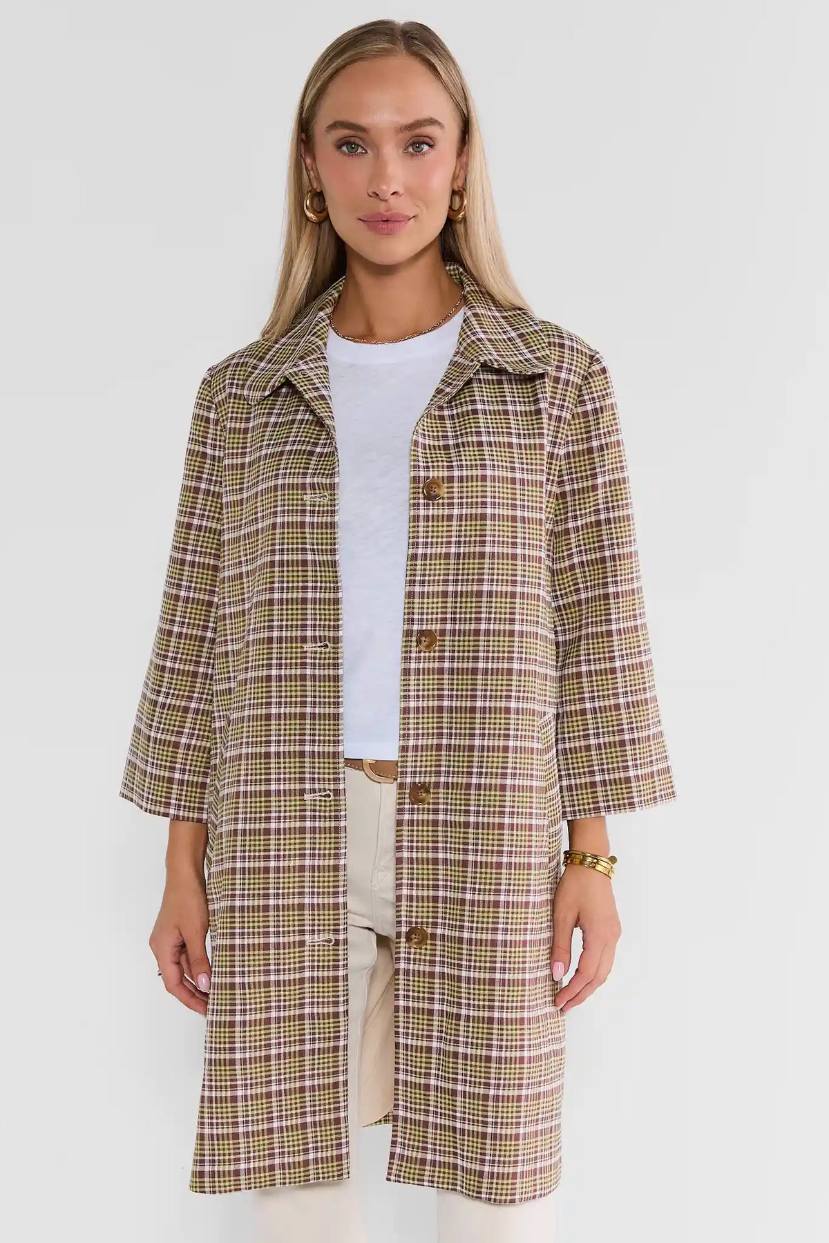 Green Plaid Print Trench Coat - Front View, Below-the-Knee Length | Avara