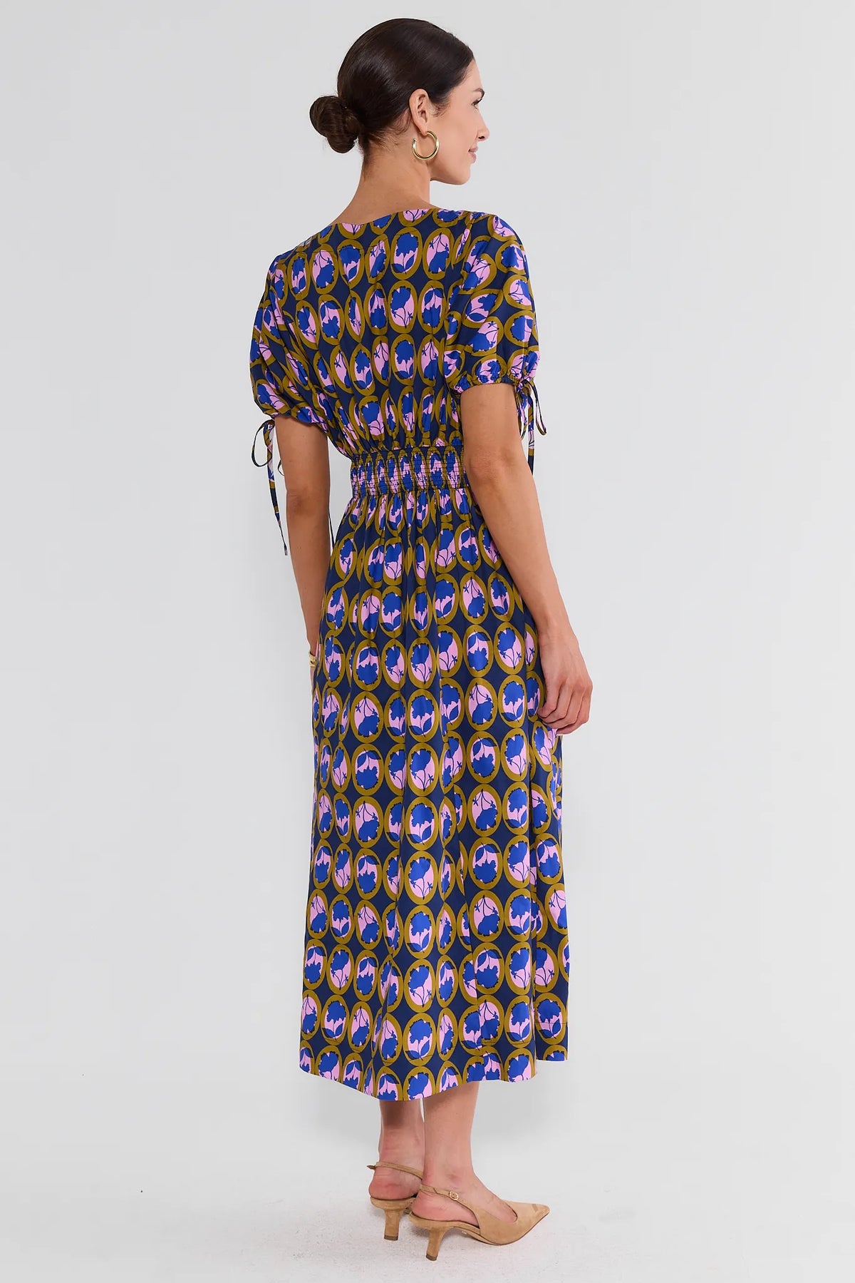 Blue Floral Print Cotton Midi Dress - Back View, Smocked Waist Detail | Avara
