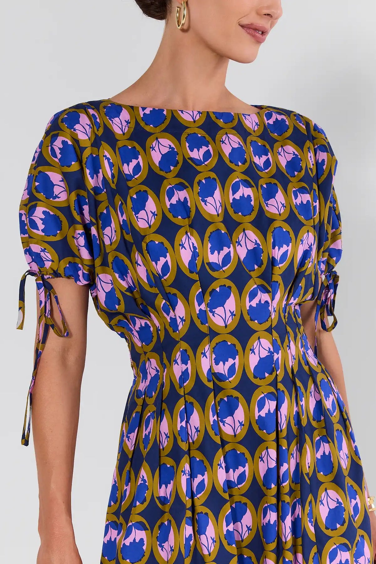 Blue Printed Midi Dress - Bodice and Tie Sleeve Detail, Smocked Waist Close-Up | Avara