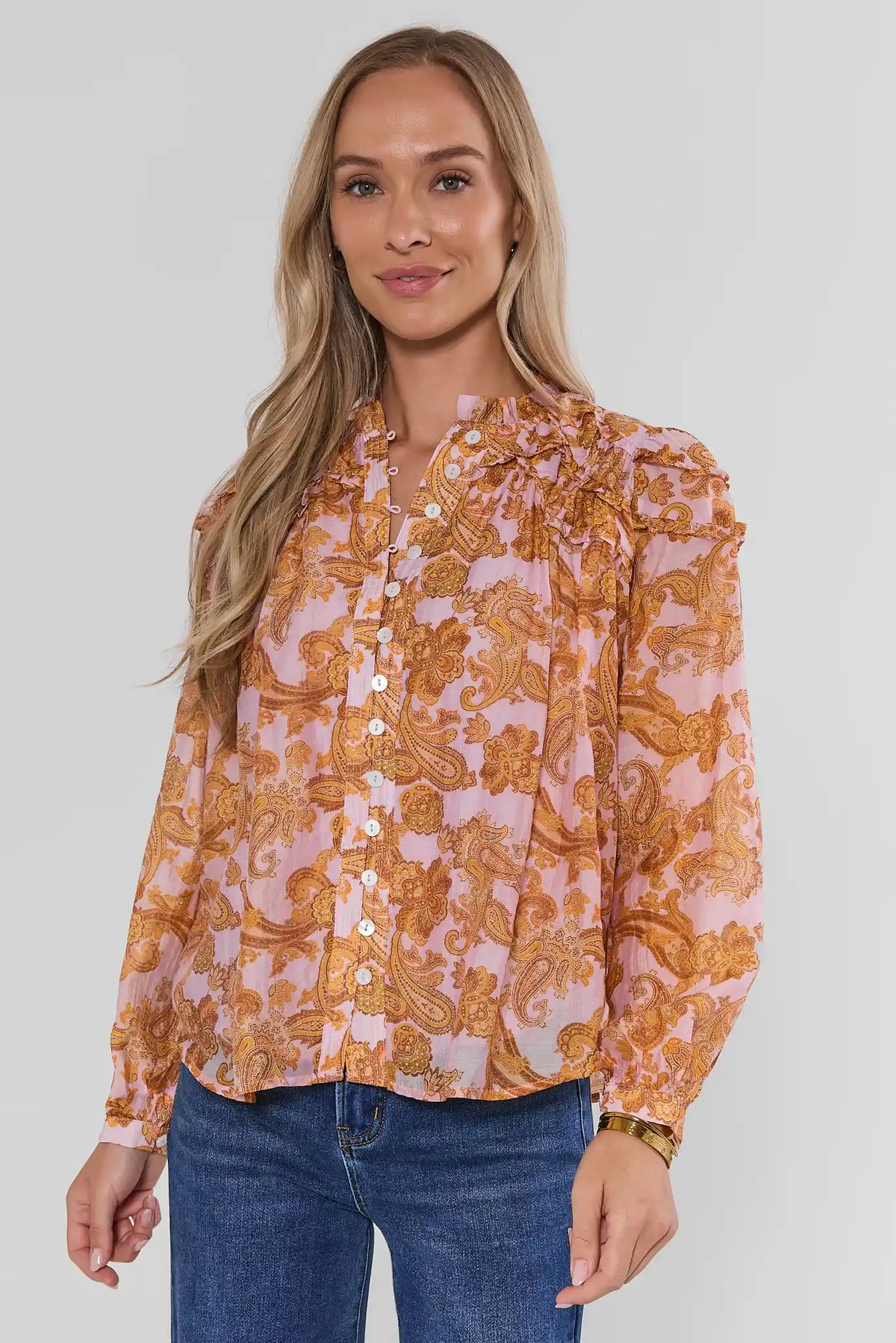 Orange Paisley Printed Ruffle Top for Women - On Model Front View | Avara