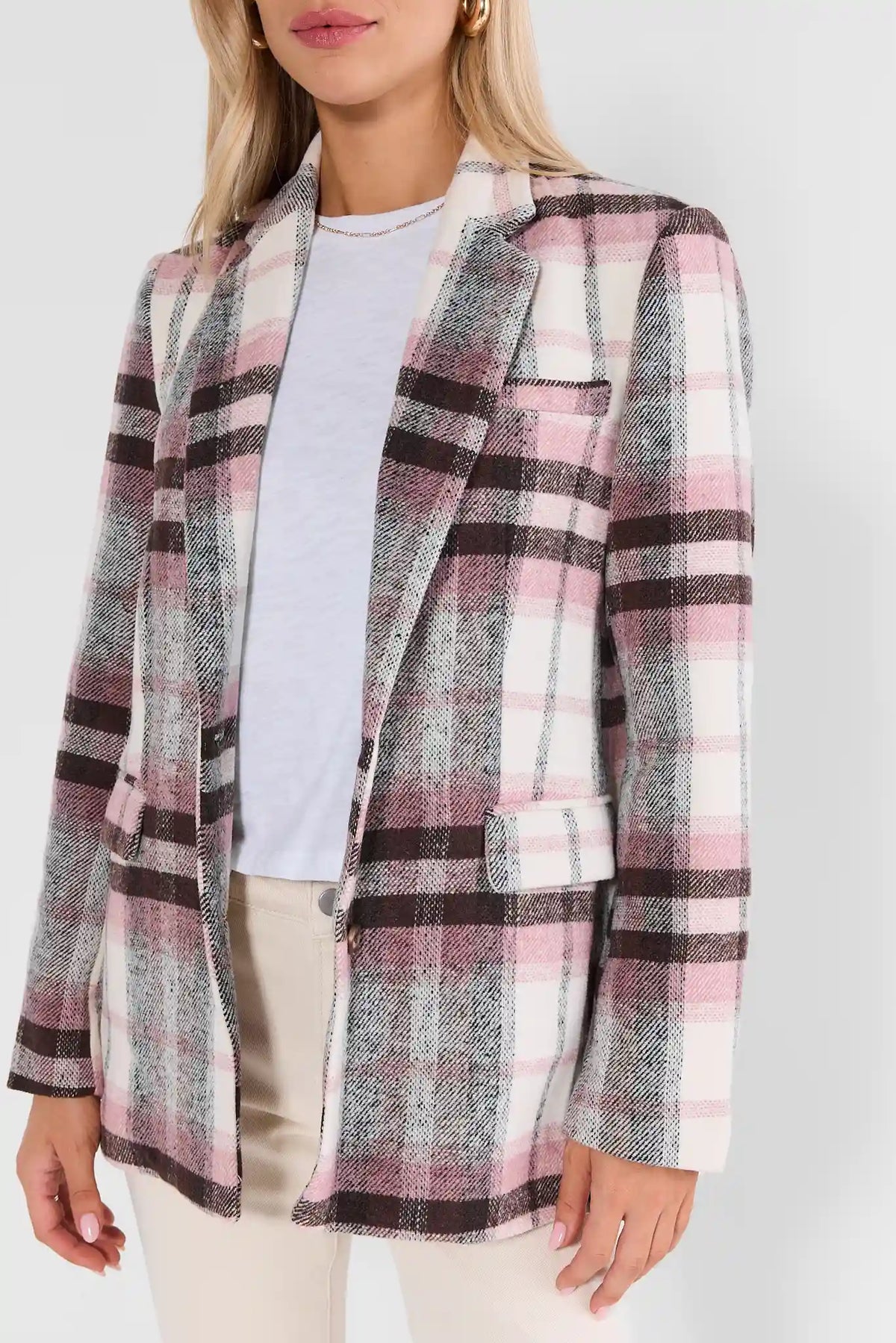 Light Pink Plaid Wool-Blend Blazer - Front Close-Up On Model | Avara