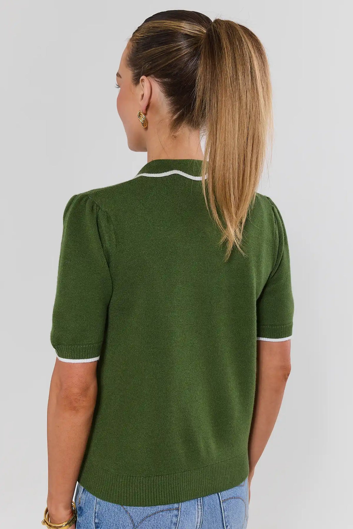 Green Knit Scalloped Trim Top - Back View Showing White Tipped Sleeves | Avara