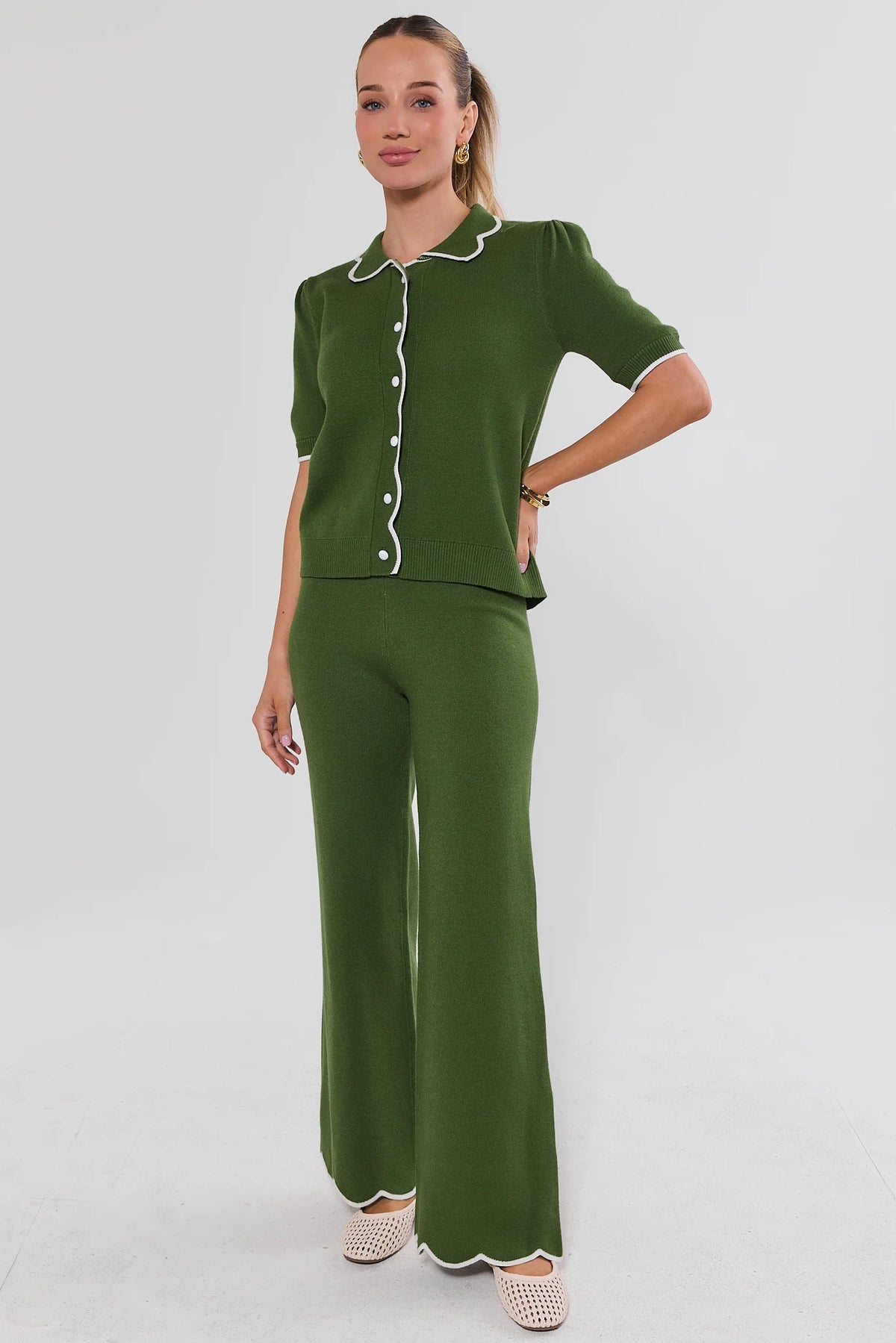 Green Knit Scalloped Hem Wide Leg Pants - Side Profile View On Model | Avara