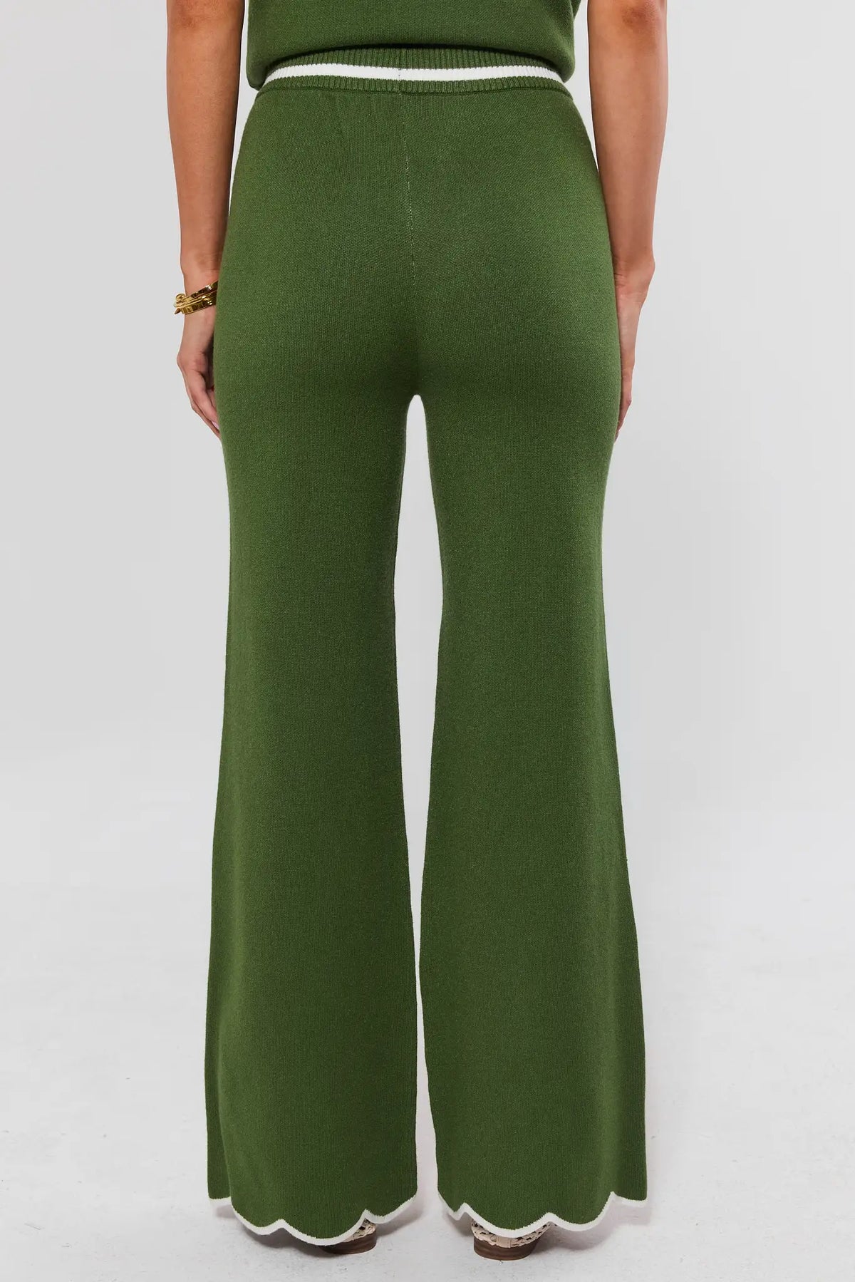 Green Knit Pants - White Scalloped Hem Trim Detail Close-Up Back View | Avara