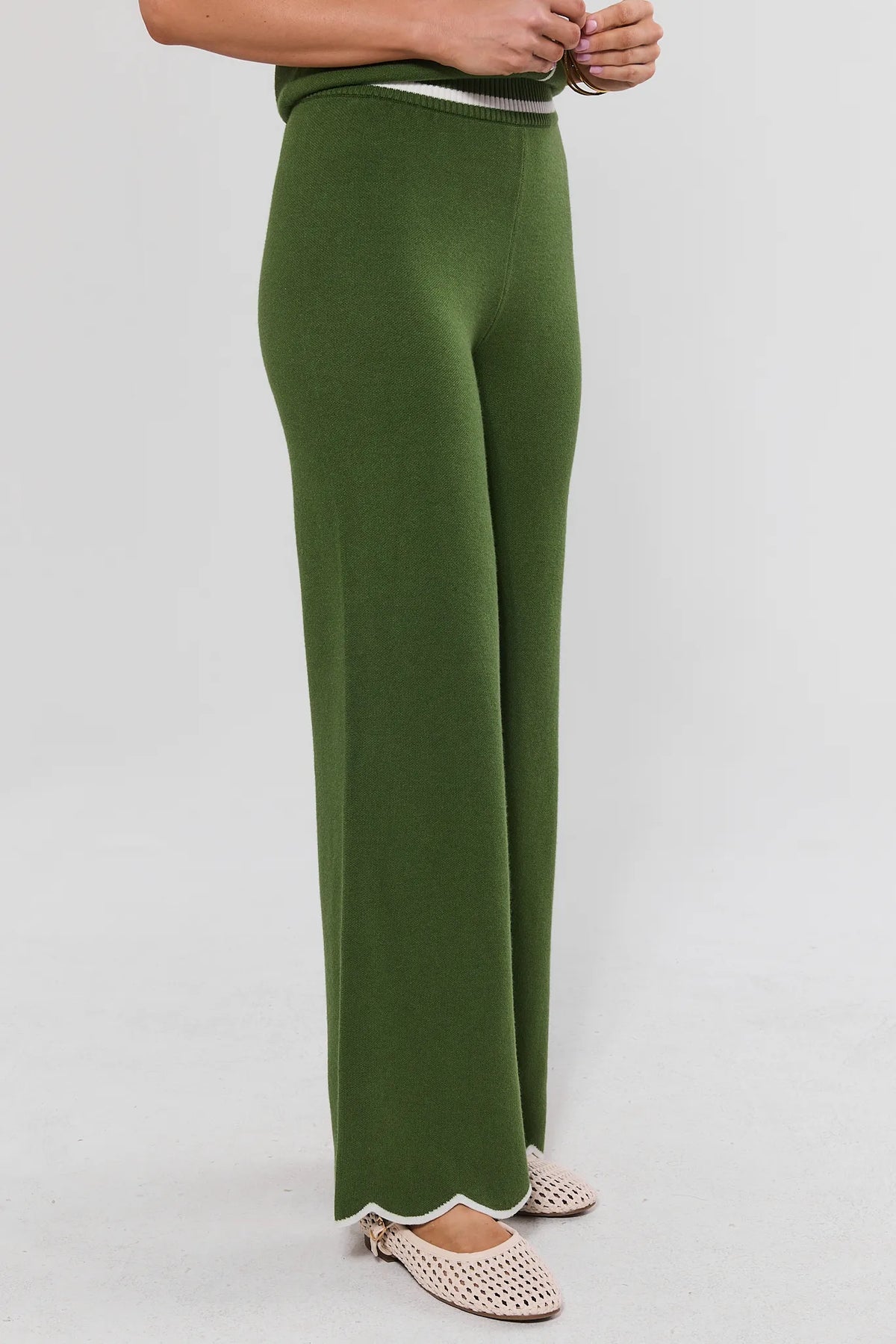 Green Viscose Knit Wide Leg Pants - Back View Showing Flare Silhouette | Avara