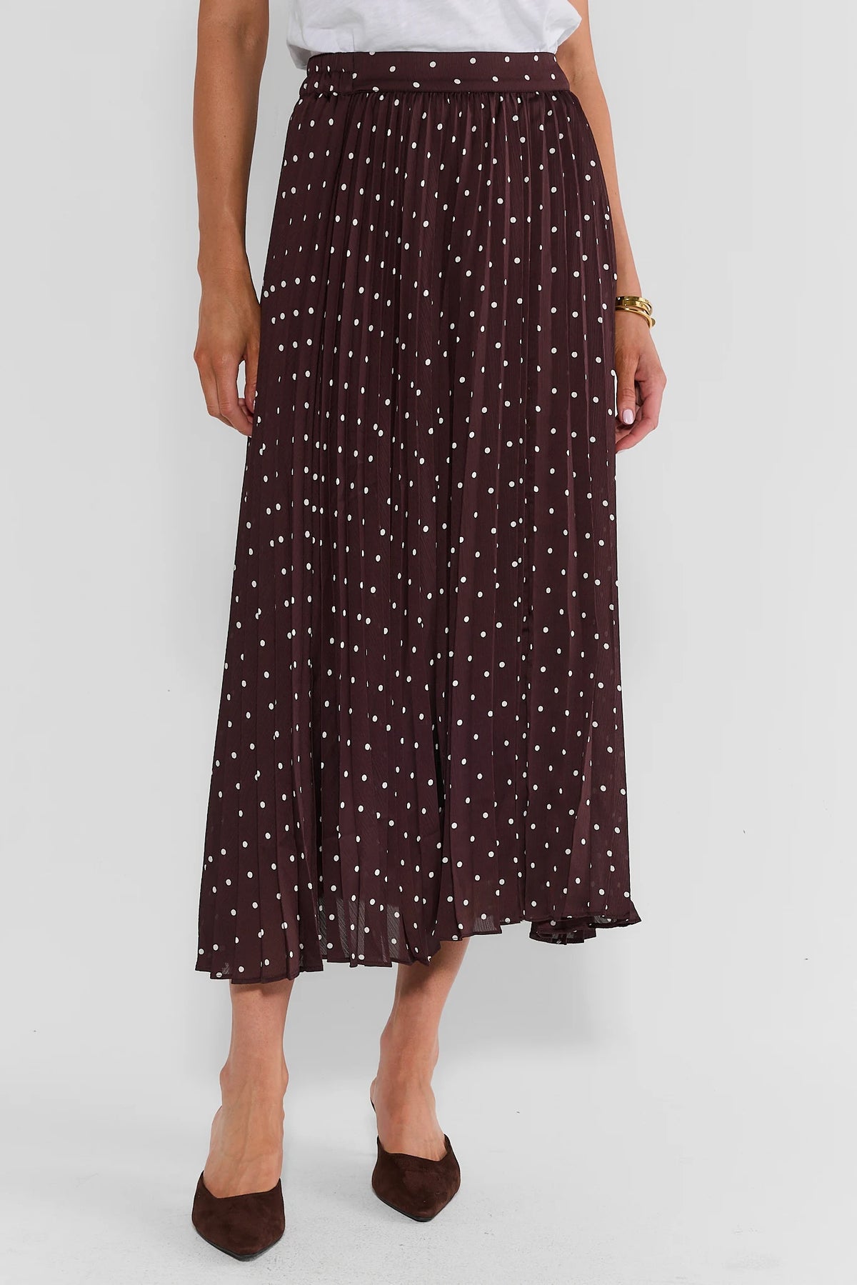 Brown Polka Dot Pleated Midi Skirt - Front View On Model | Avara