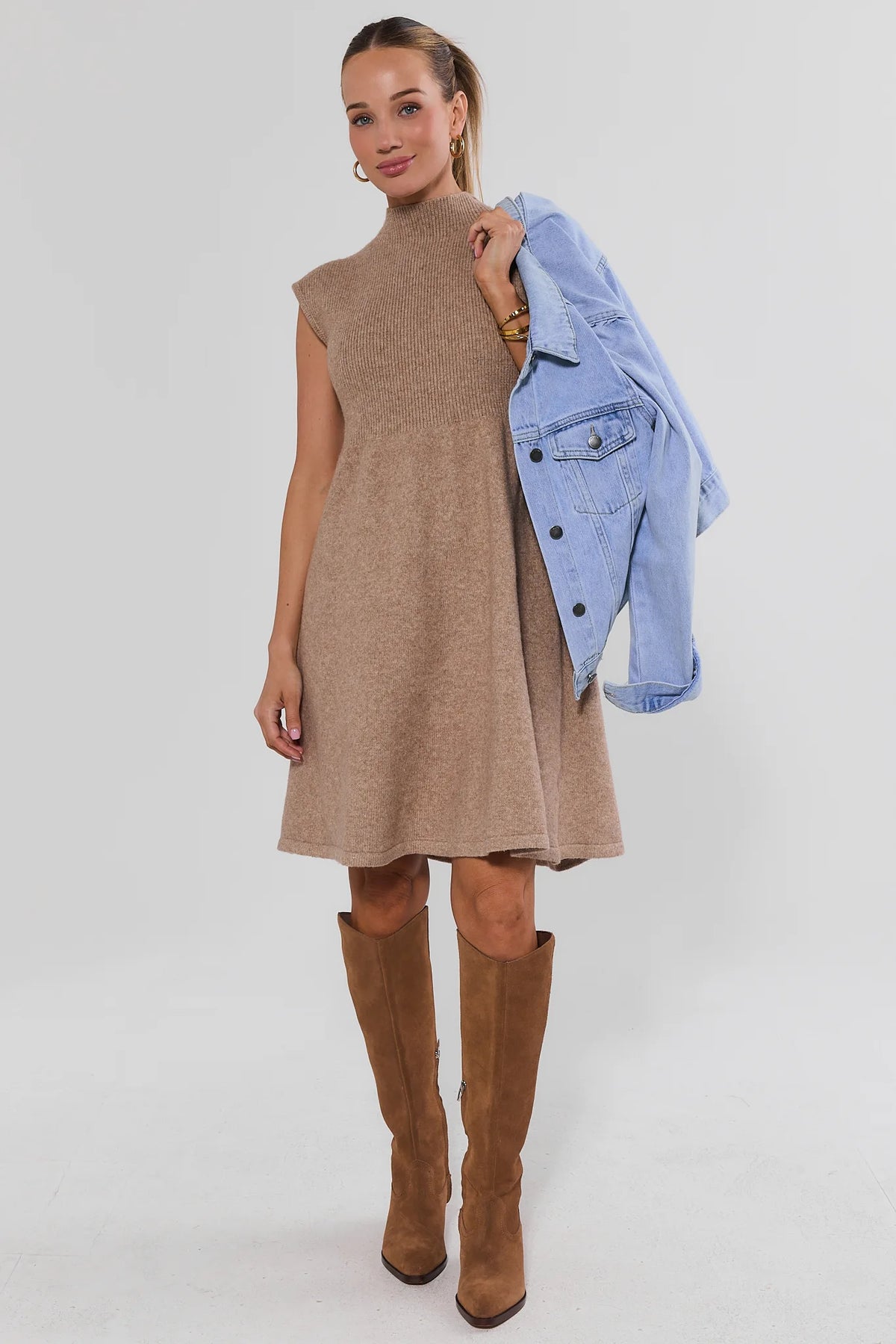 Taupe Knit Short Dress with Mock Neck - Styled Look with Denim Jacket and Tall Boots | Avara