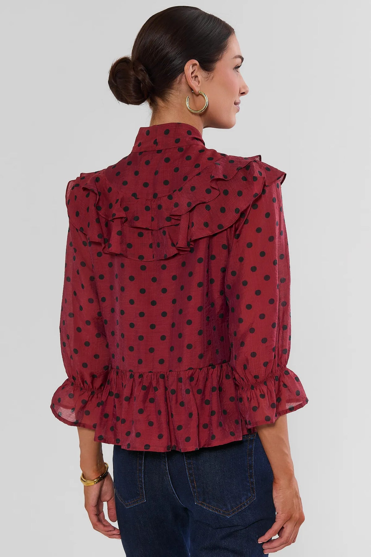 Red Polka Dot Ruffle Top - Back View Showing Ruffle Yoke & Peplum Hem | Avara