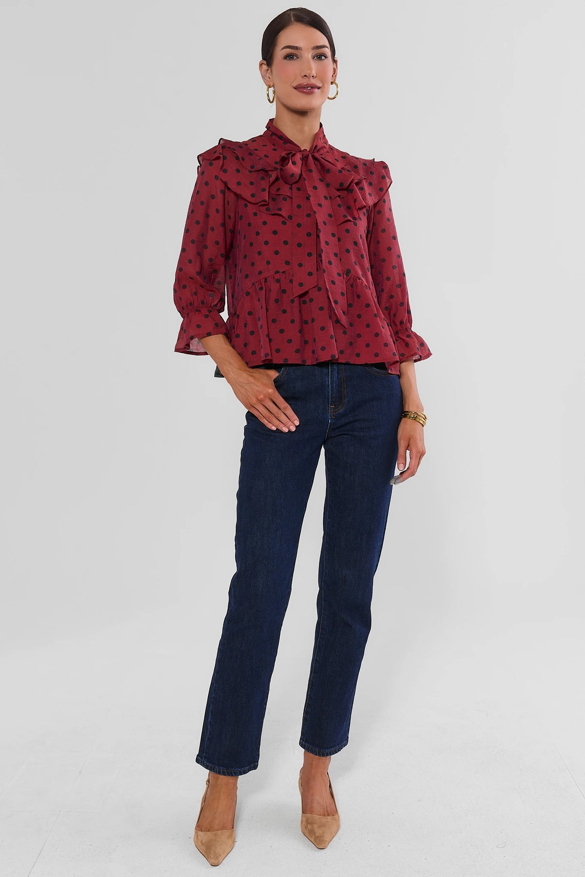 Red Polka Dot Peplum Top - Full Length Front, Cute Tops for Women | Avara