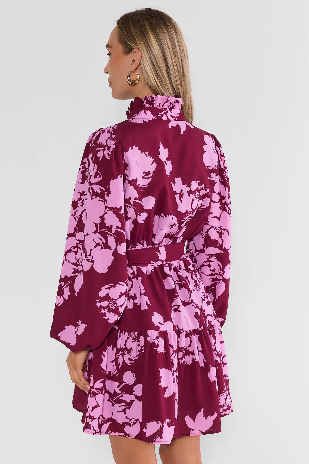 Maroon Floral Print Short Dress - Back View, Tiered Hem & Long Sleeves | Avara