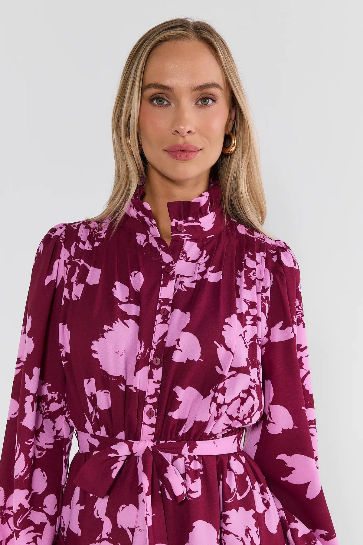Maroon Floral Print Short Dress - Ruffled Neckline & Button Detail | Avara