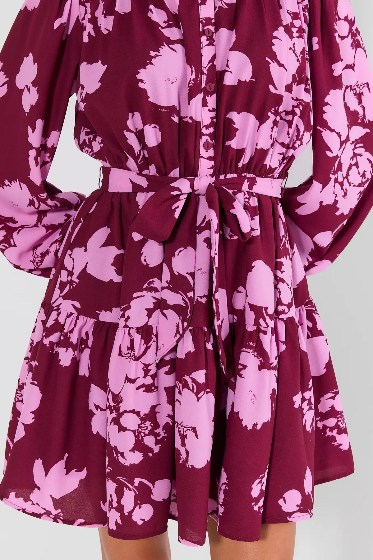 Maroon Floral Print Short Dress - Tiered Skirt & Belt Detail Close-Up | Avara
