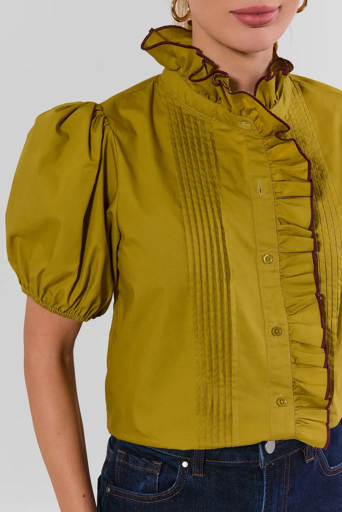 Green Cotton Ruffle Top - Close-Up Detail of Pintuck Pleats and Ruffle Trim | Avara