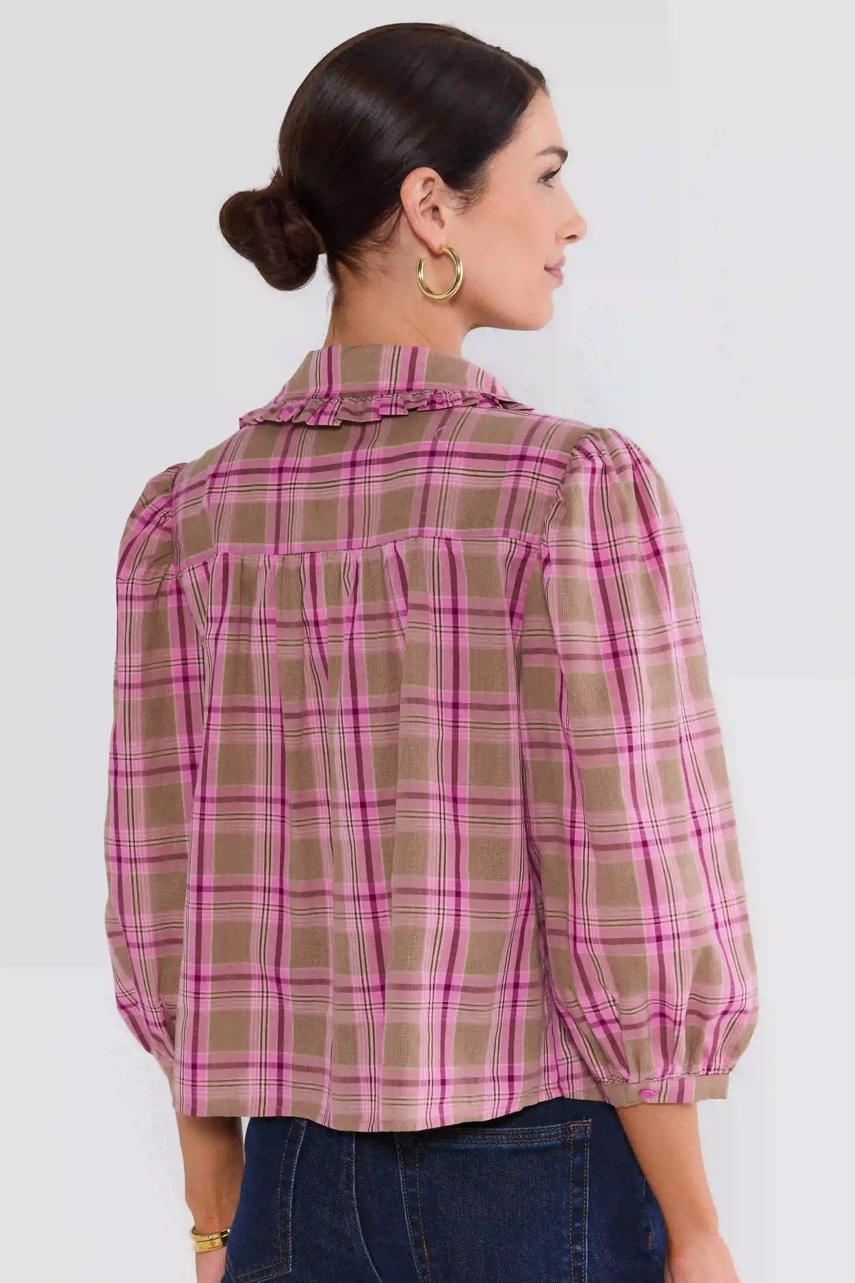 Pink Multi Plaid Puff Sleeve Top - Back View Showing Relaxed Silhouette | Avara