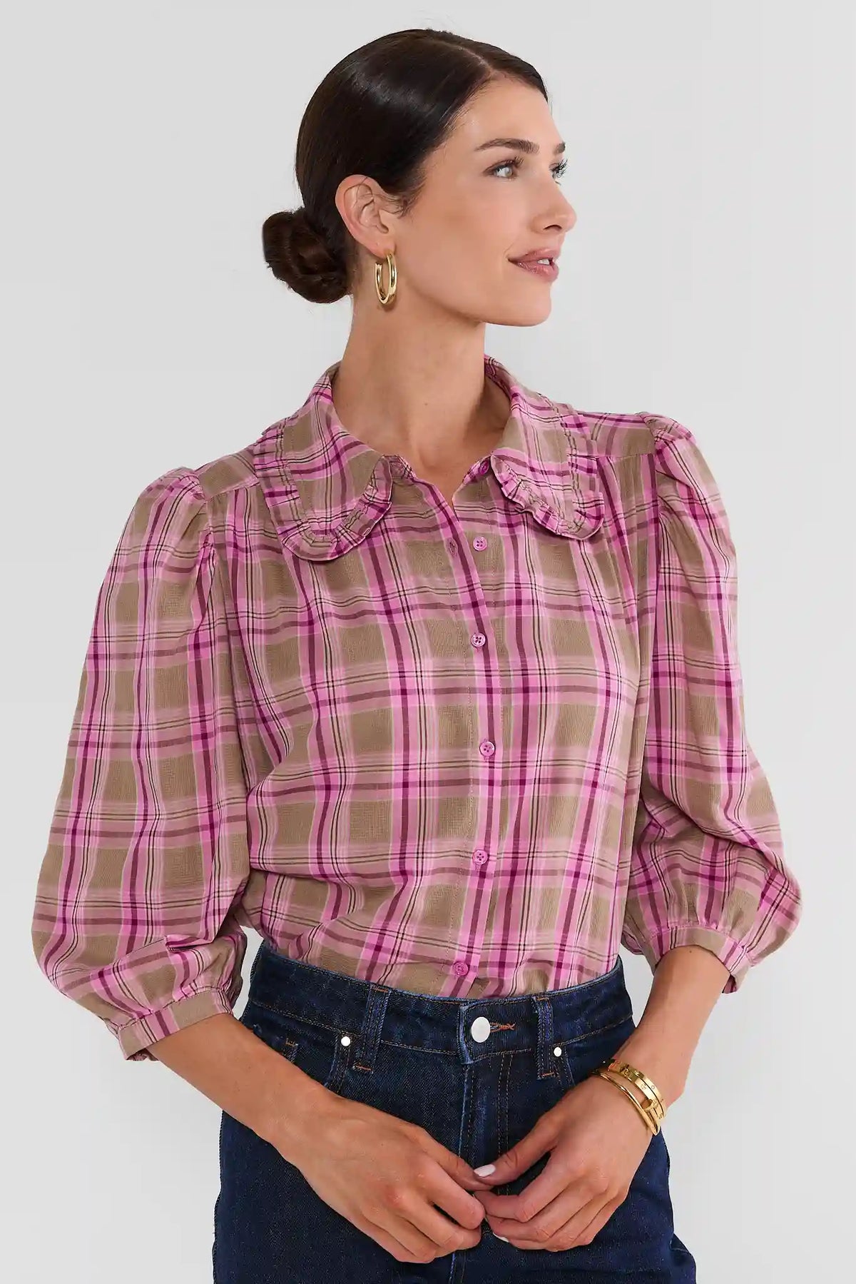 Pink and Tan Plaid Collared Top - Front View on Model with Dark Jeans | Avara
