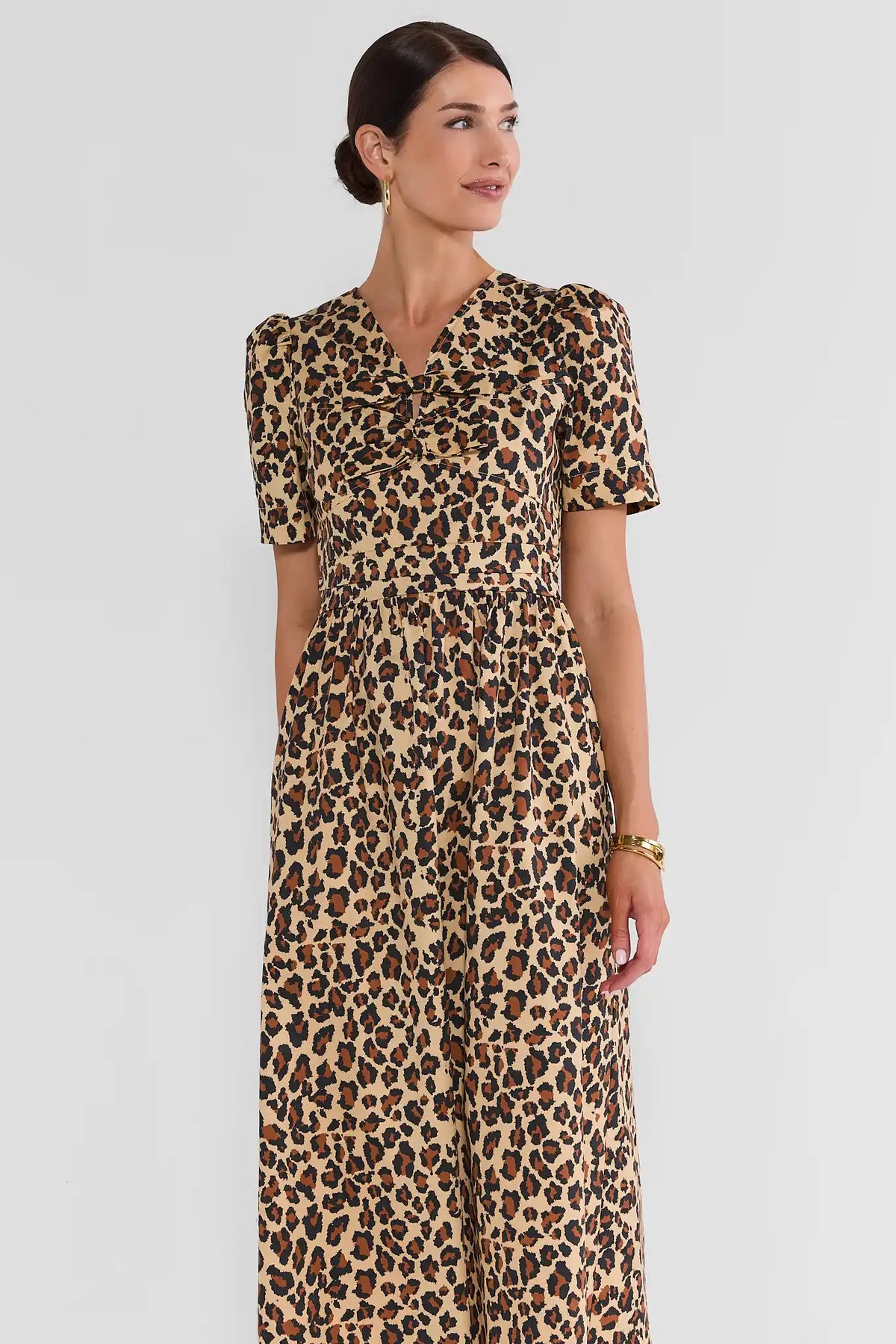 Tan Leopard Print Midi Dress - Three-Quarter Front View, Tie Neckline & Pleated Waist | Avara