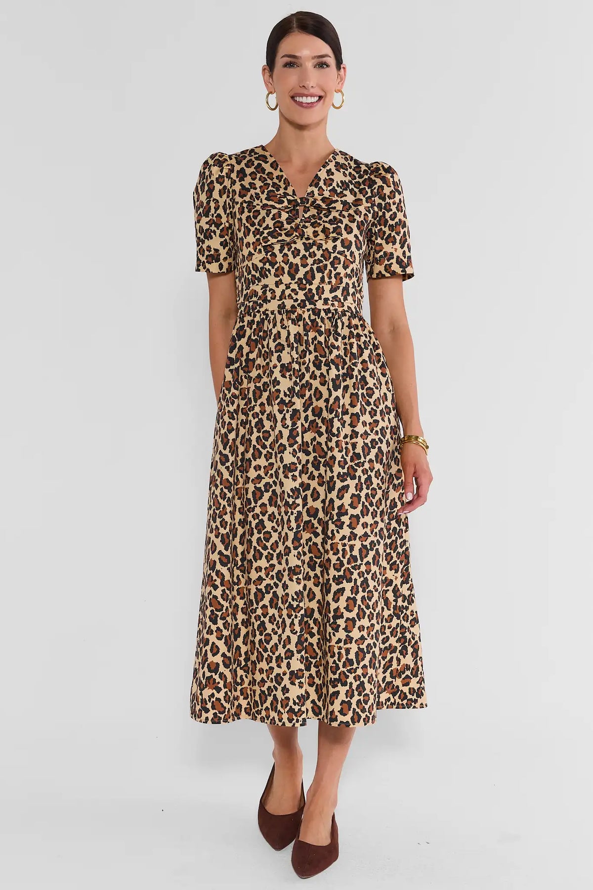 Tan Leopard Print Cotton Midi Dress - Full Front View On Model with Brown Heels | Avara