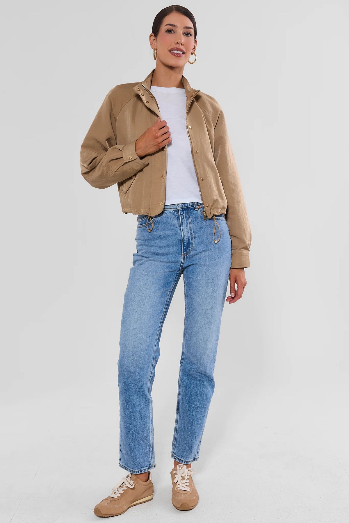 Taupe Cropped Bomber Jacket for Women - Full Length Front View, Styled with Light Wash Jeans | Avara