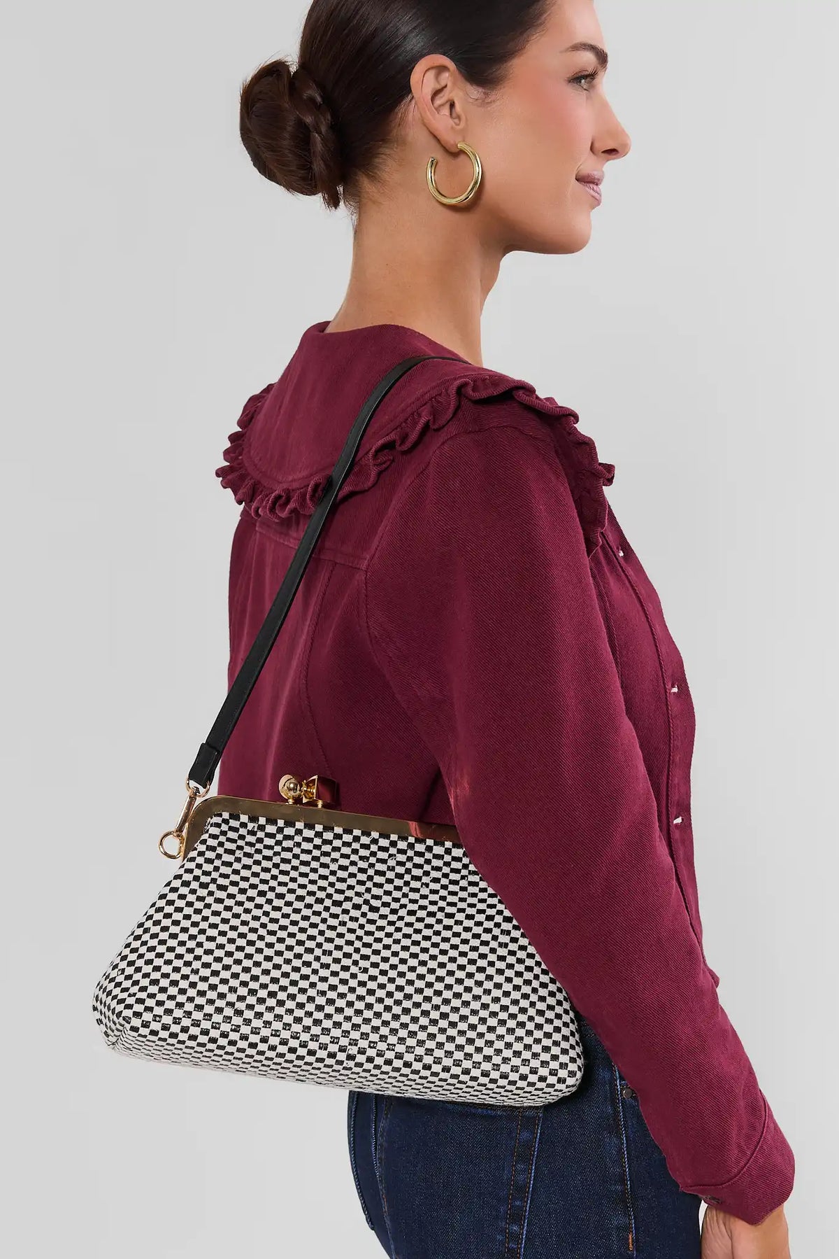 Black Woven Clutch Bag with Crossbody Strap - On Model Side Profile | Avara