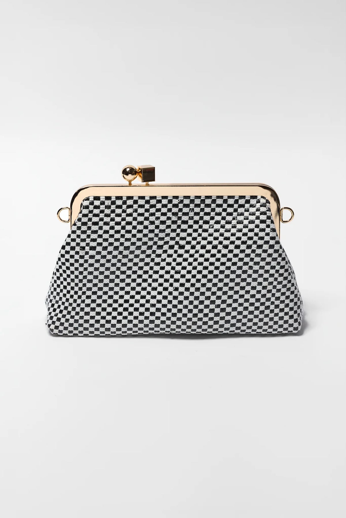 Black and White Checkered Woven Clutch Bag - Front View, Gold-Tone Hinge Closure | Avara
