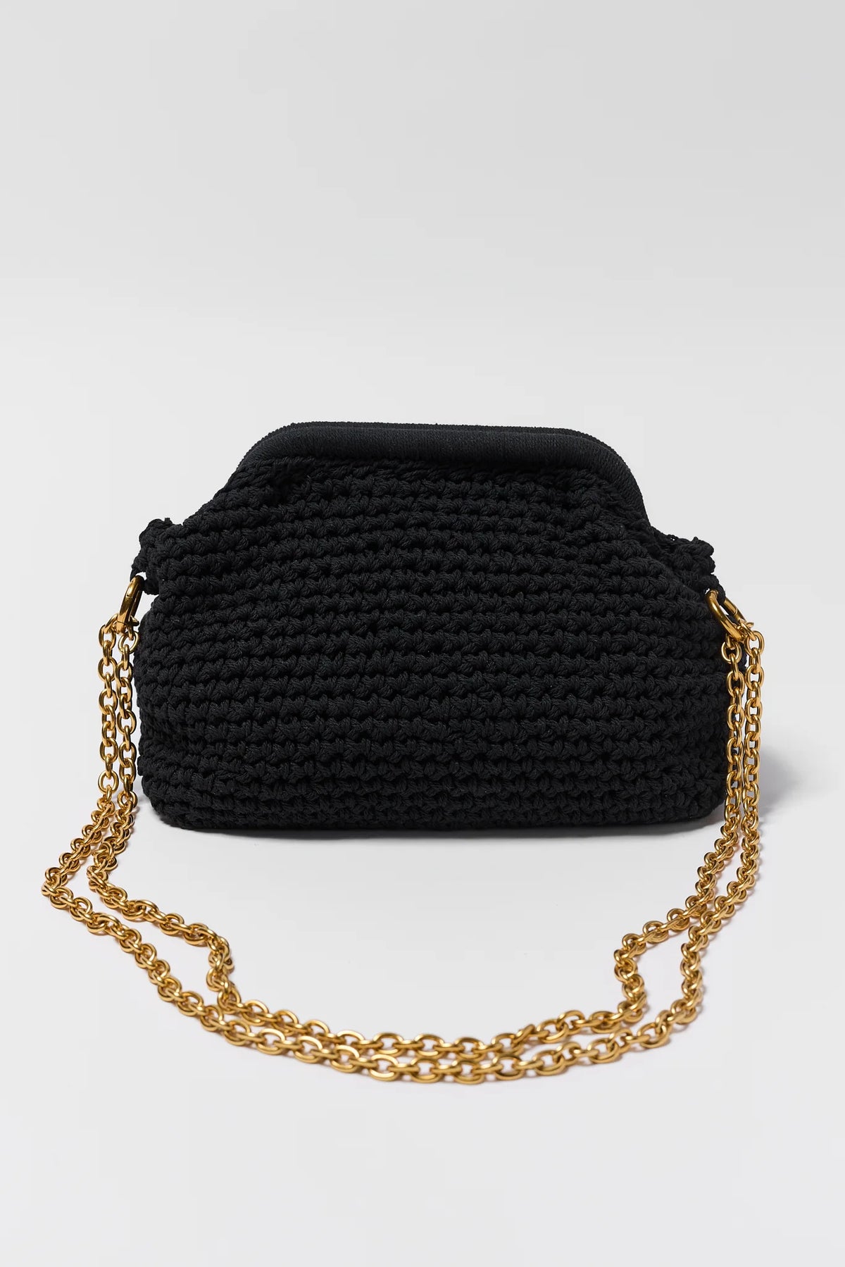 Black Woven Crossbody Bag with Gold Chain Strap - Back View | Avara