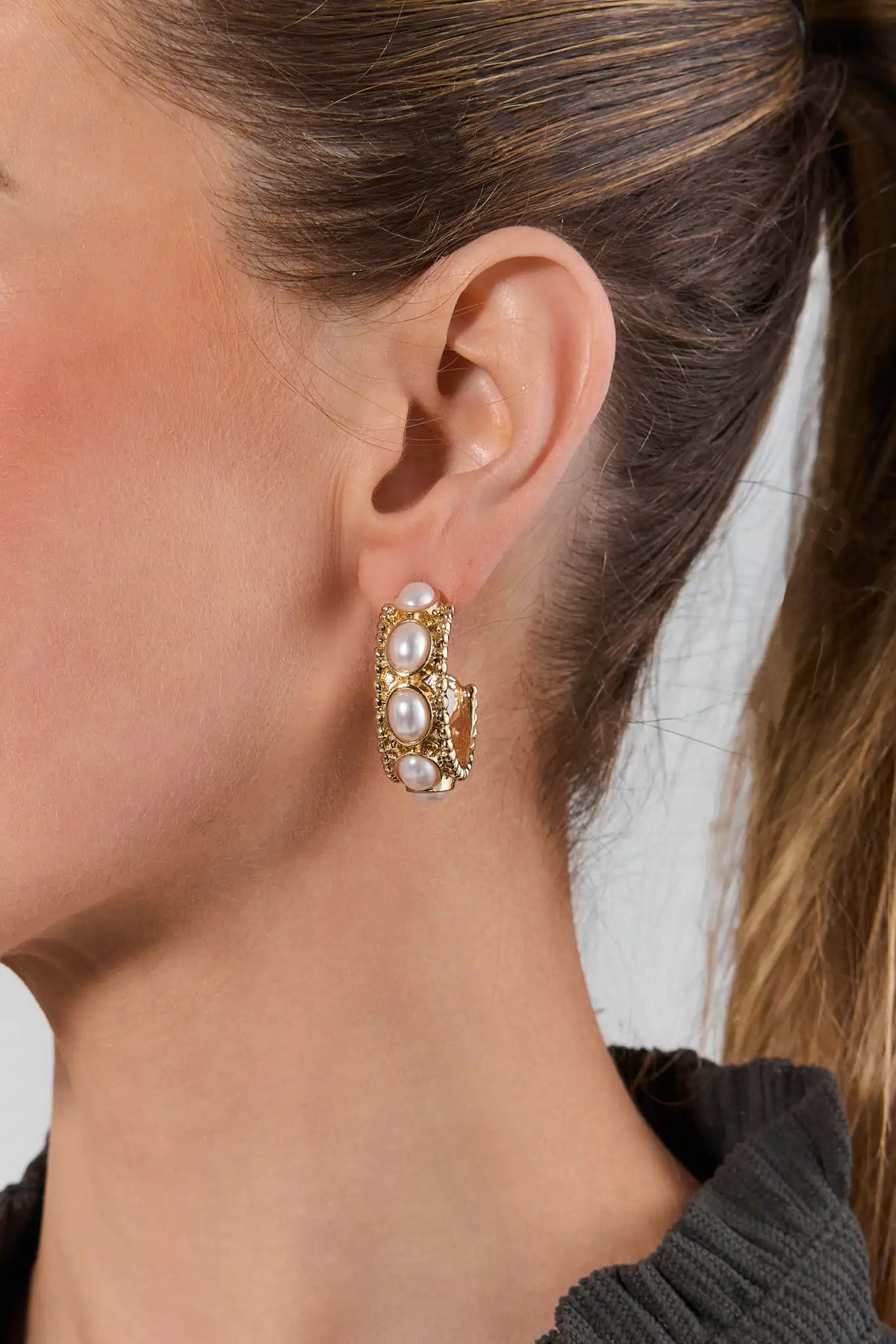 Gold Pearl Hoop Earrings - On Model Side Profile | Avara