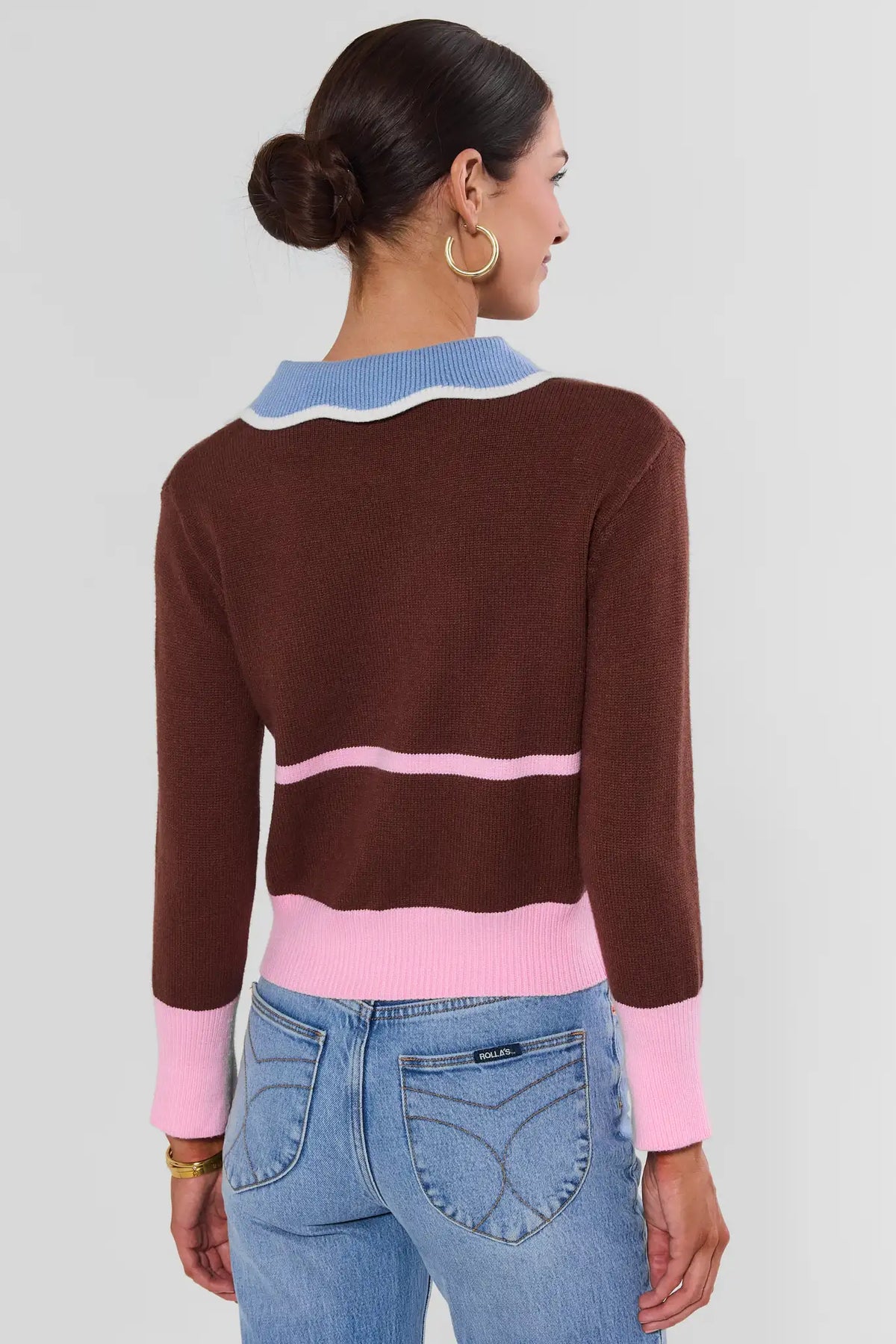 Brown Polo Sweater - Back View Showing Pink Stripe and Knit Texture | Avara