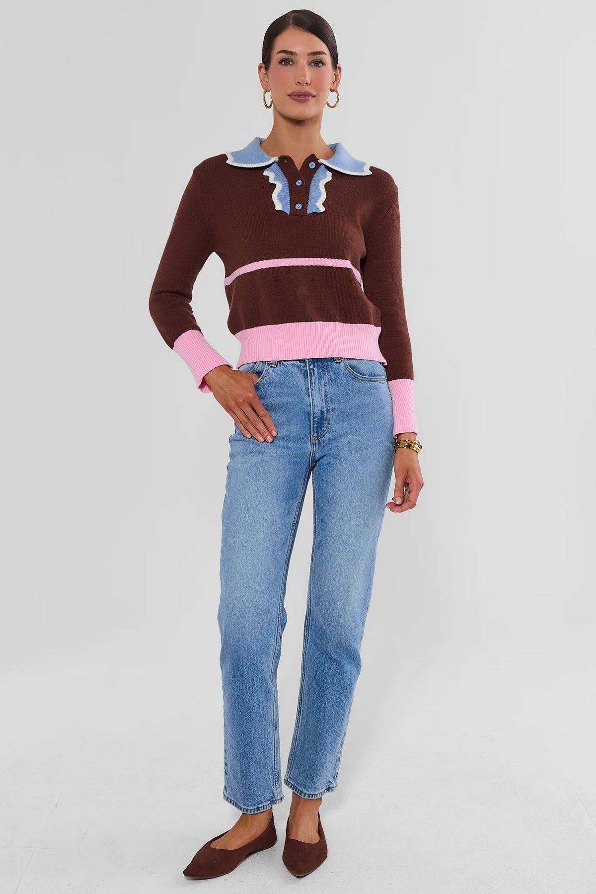 Brown Knit Polo Sweater - Full Length Front View Styled with Straight-Leg Jeans | Avara