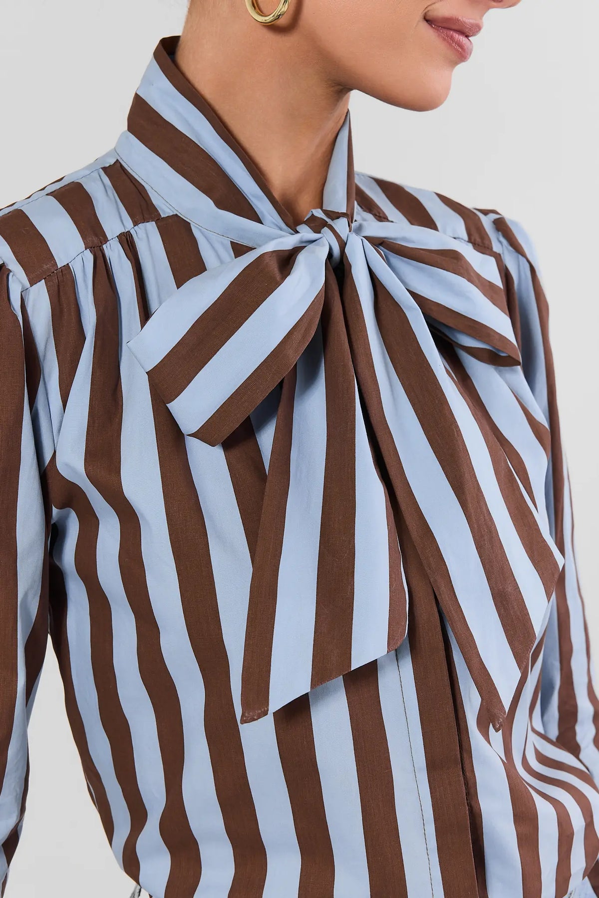 Brown Stripe Cotton Tie Neck Top - Bow Neck Detail Close-Up | Avara