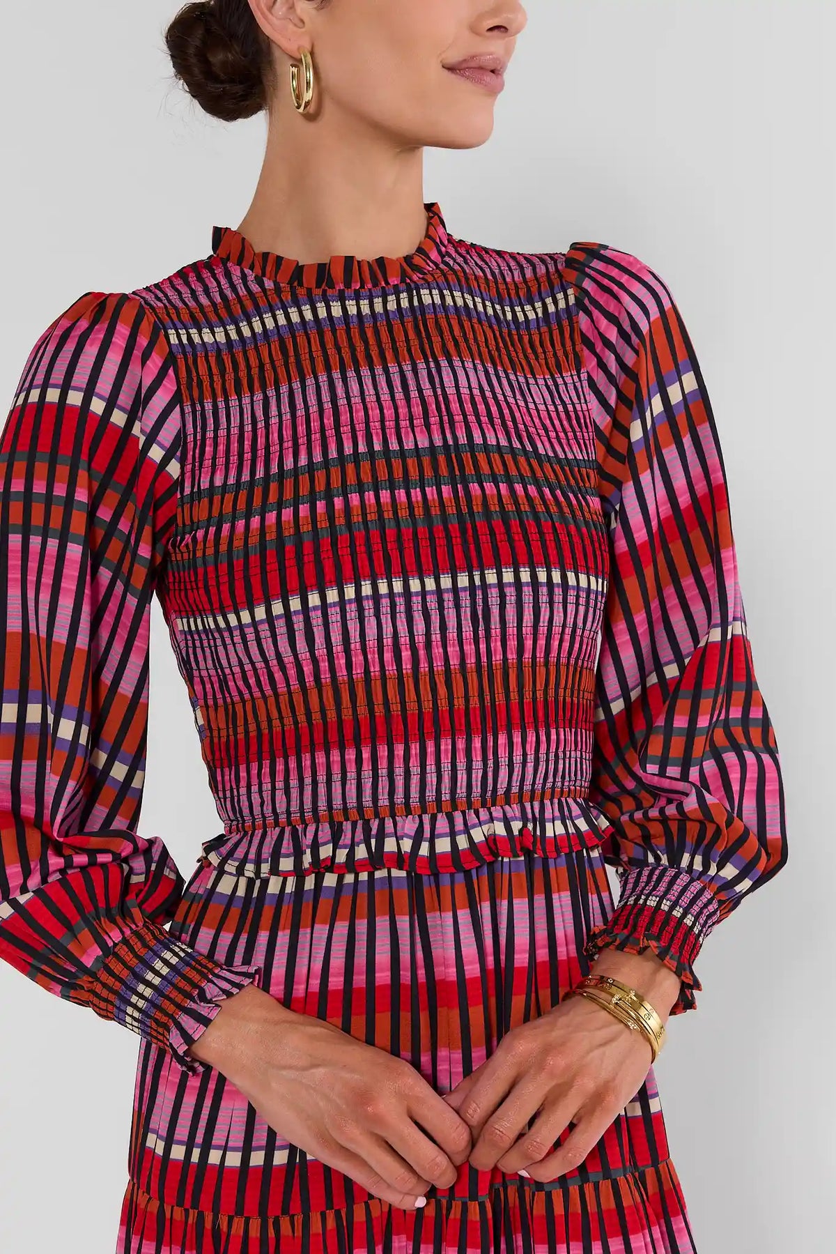 Black Multi Striped Smocked Midi Dress - Bodice & Neckline Close-Up Detail | Avara
