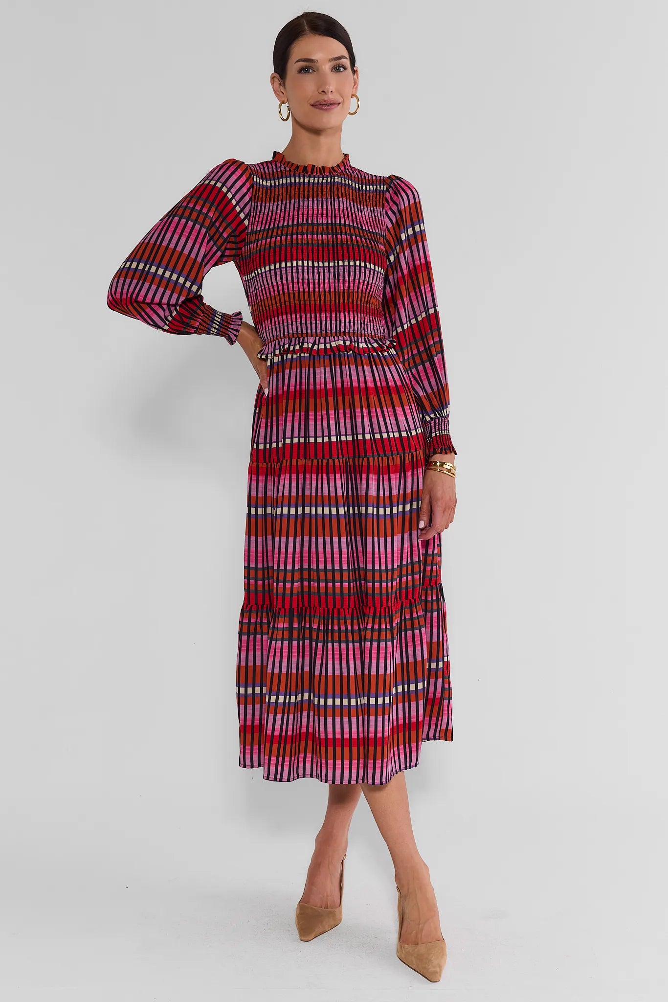 Black Multi Print Modest Smocked Midi Dress - Full Front View On Model | Avara