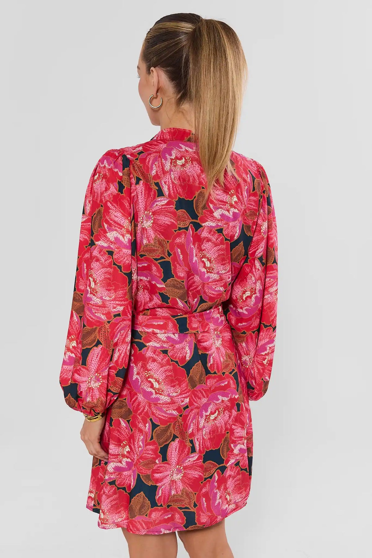 Pink Floral Tie Waist Short Dress - Back View, Long Sleeve | Avara