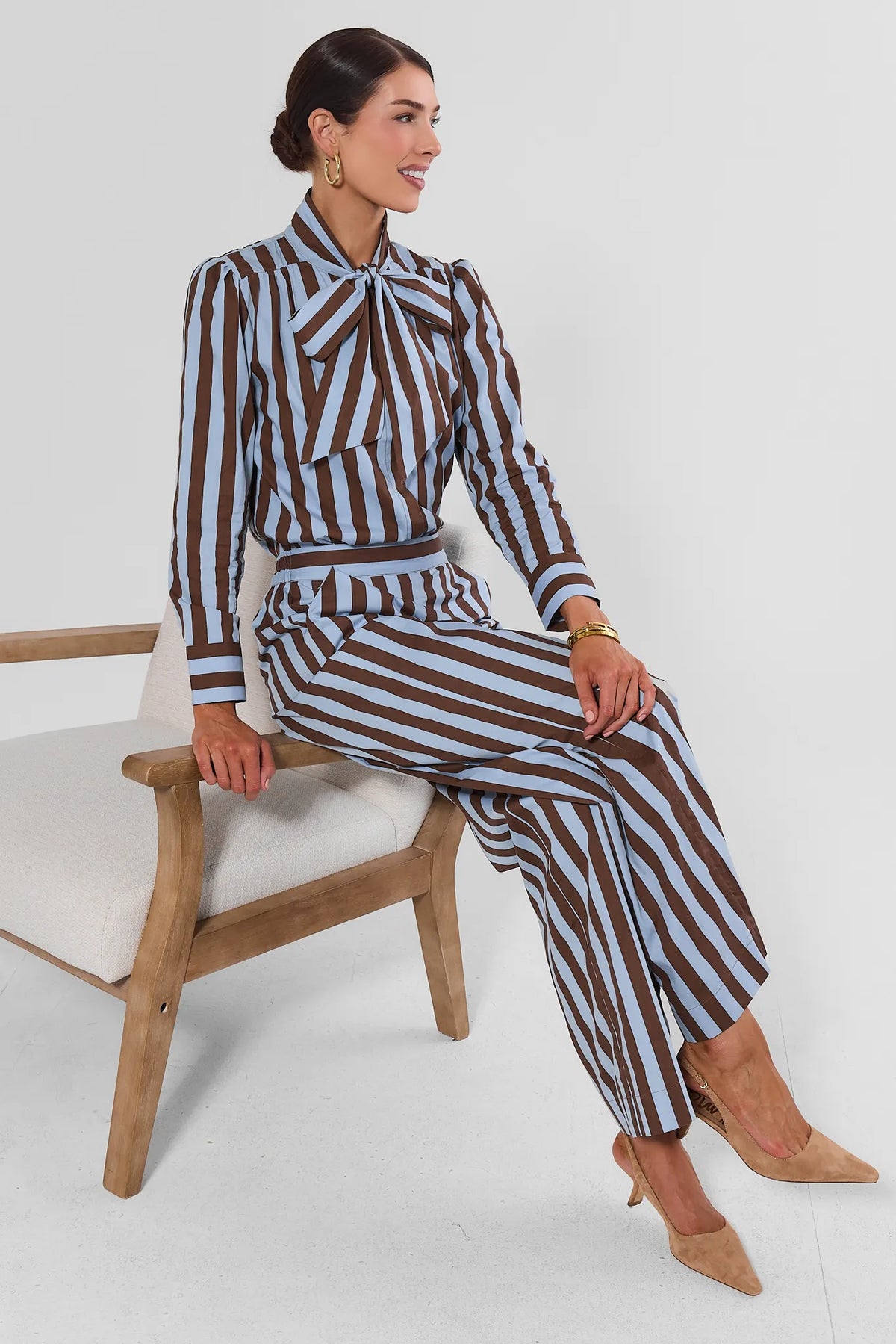 Brown Contrast Stripe Cotton Pants Styled with Matching Top - Full Look Seated | Avara