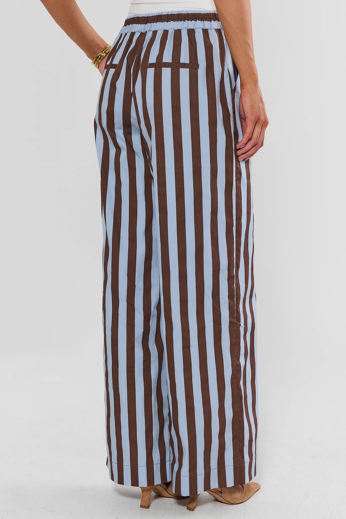 Brown Contrast Stripe Cotton Trousers - Back View with Elastic Waist Detail | Avara
