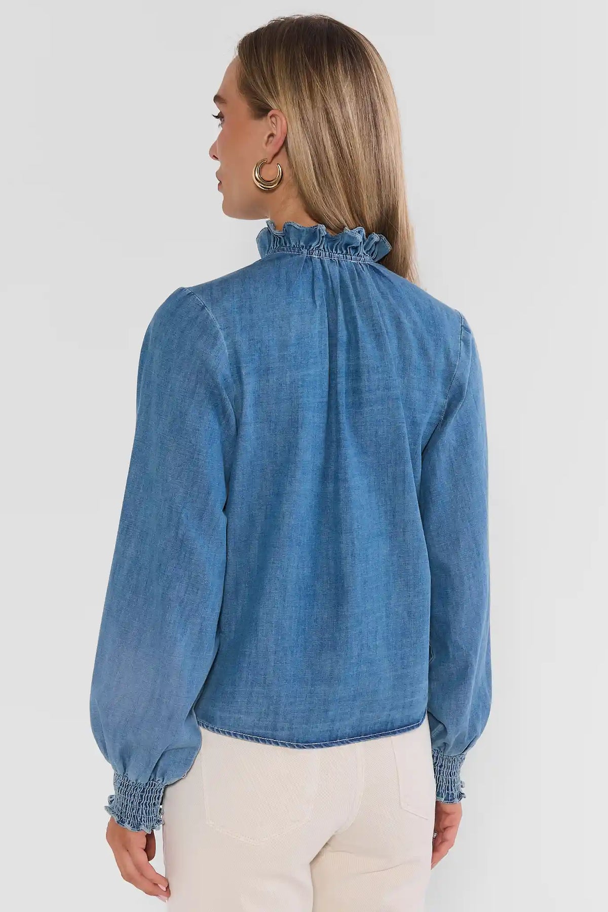 Blue Chambray Ruffle Collar Top - Back View Showing Smocked Cuffs | Avara