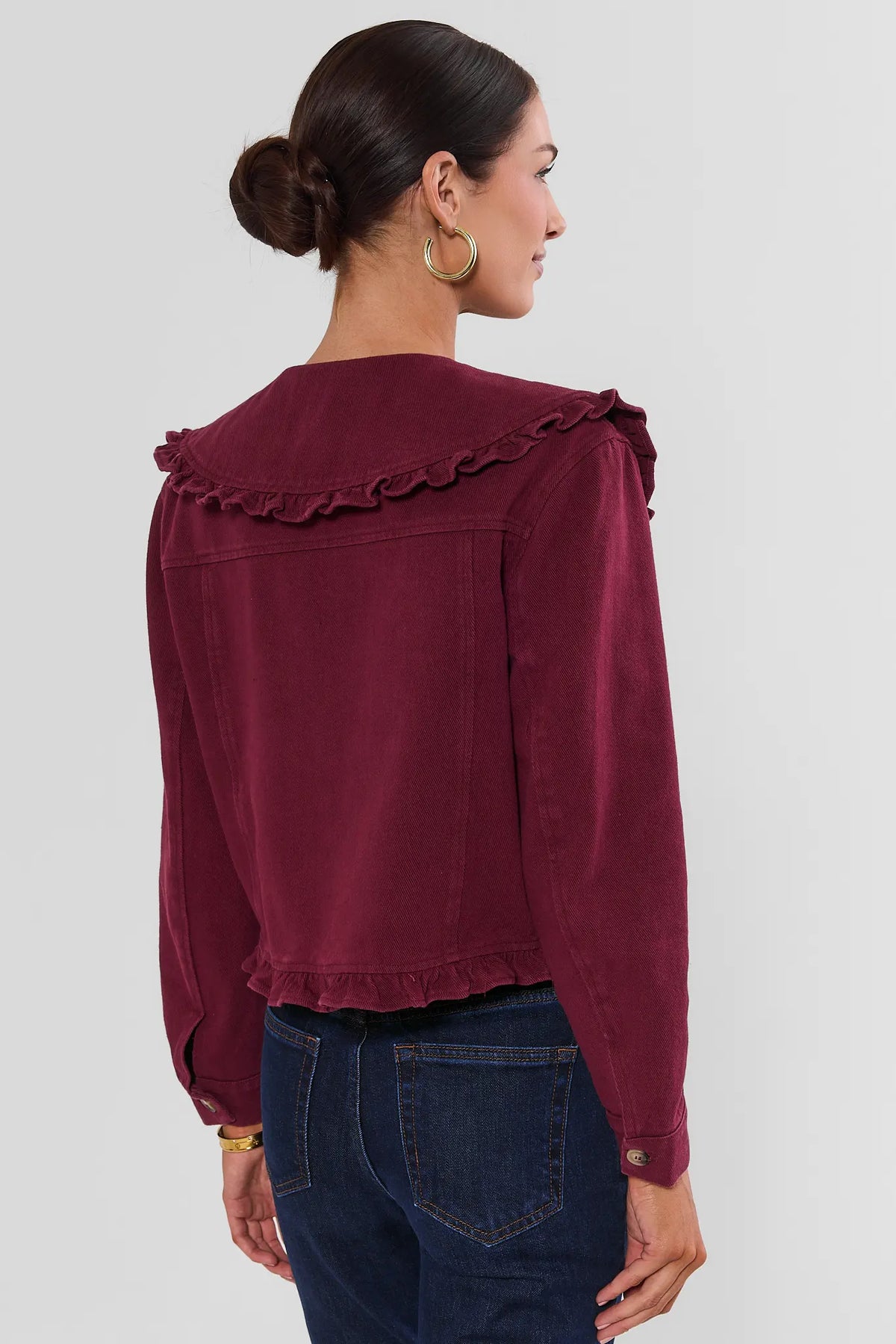 Burgundy Cotton Denim Jacket - Back View Showing Ruffle Collar | Avara