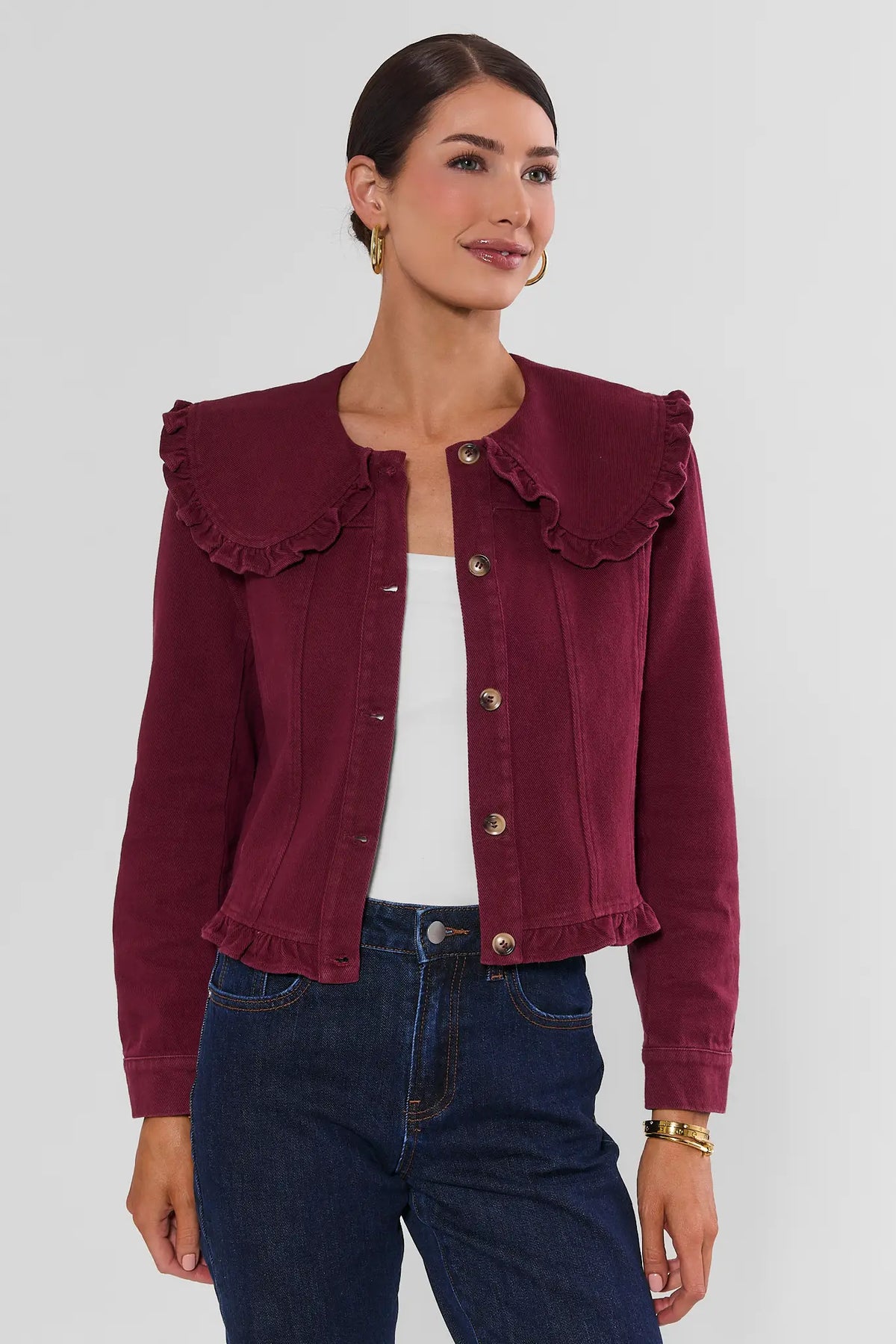 Burgundy Ruffled Denim Jacket for Women - Front View On Model | Avara