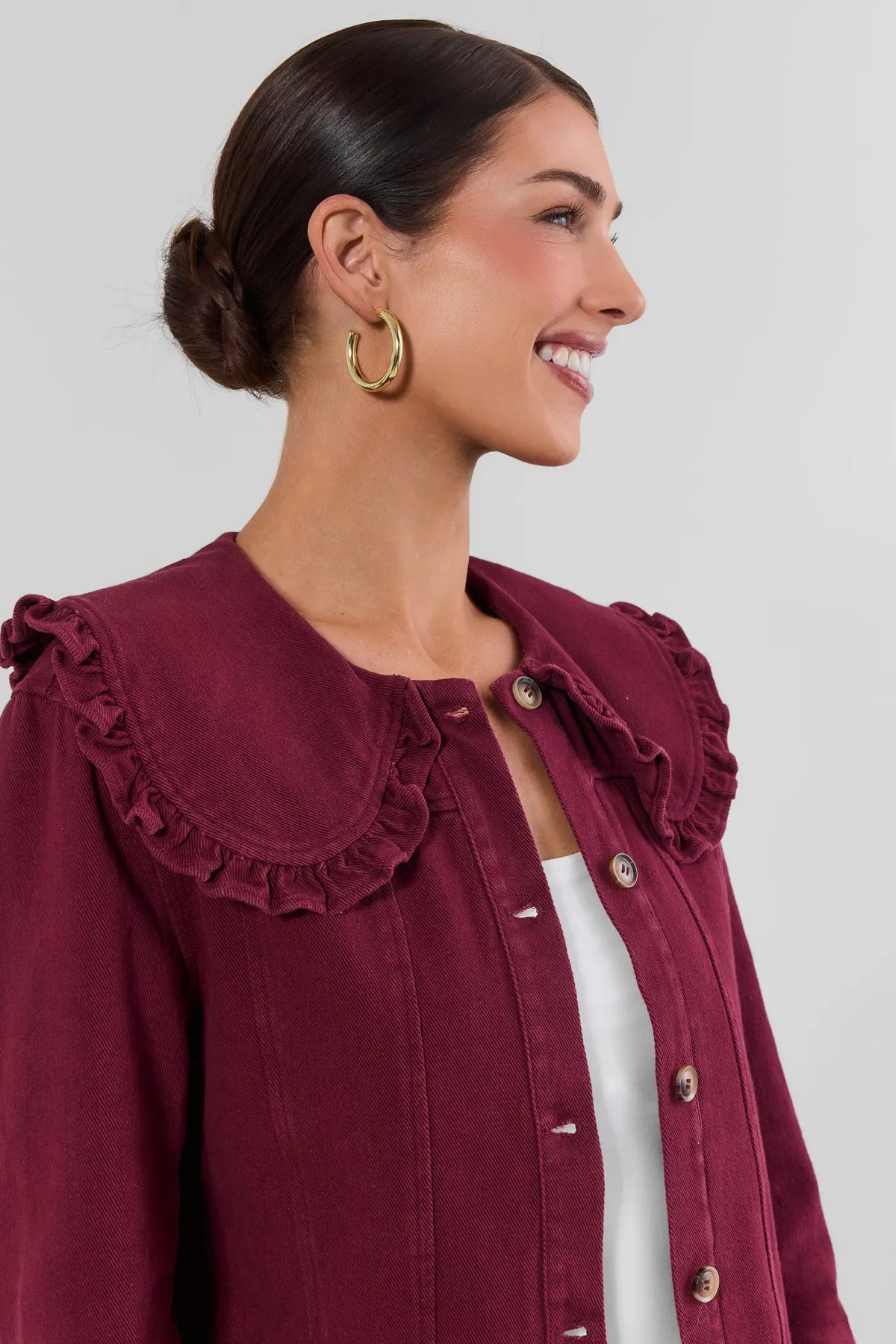 Burgundy Cotton Denim Jacket - Ruffled Collar Close-Up Detail | Avara