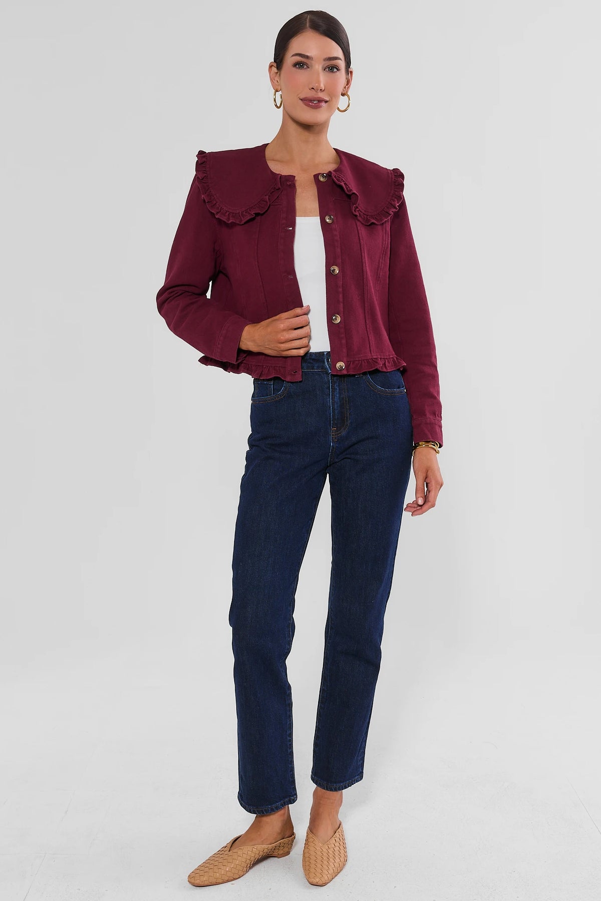 Burgundy Denim Jacket with Ruffle Hem - Full Length Front View | Avara