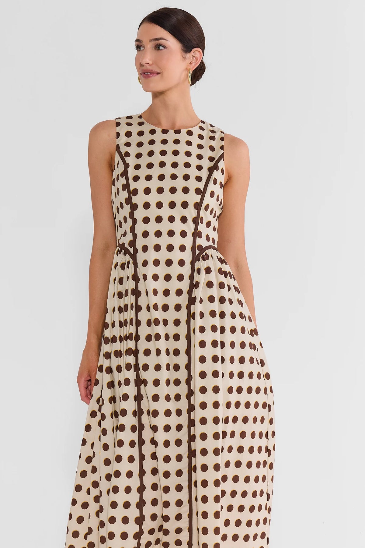 Ivory Polka Dot Cotton Midi Dress - Front Close-Up, Sleeveless A-Line | Avara