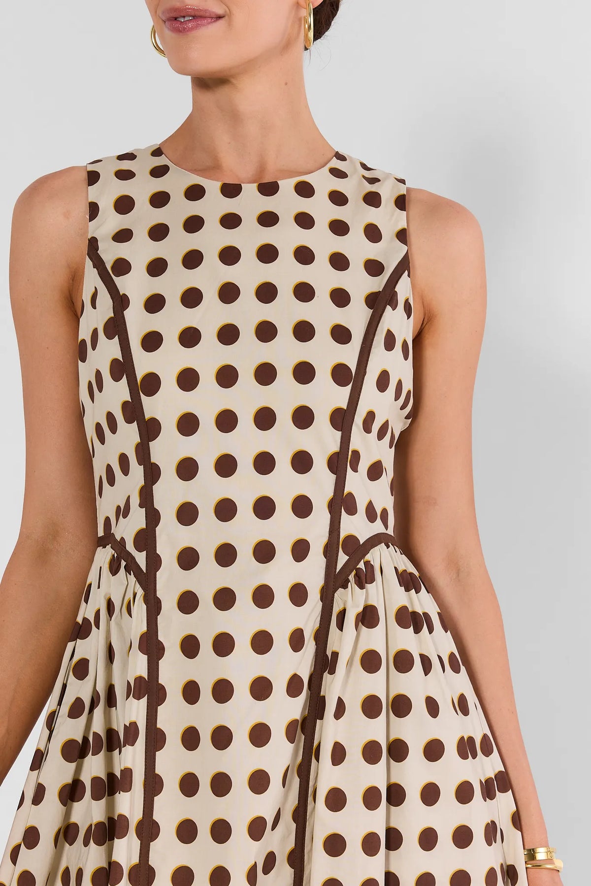Ivory Polka Dot Midi Dress - Bodice Detail, Brown Dot Print & Seam Trim | Avara
