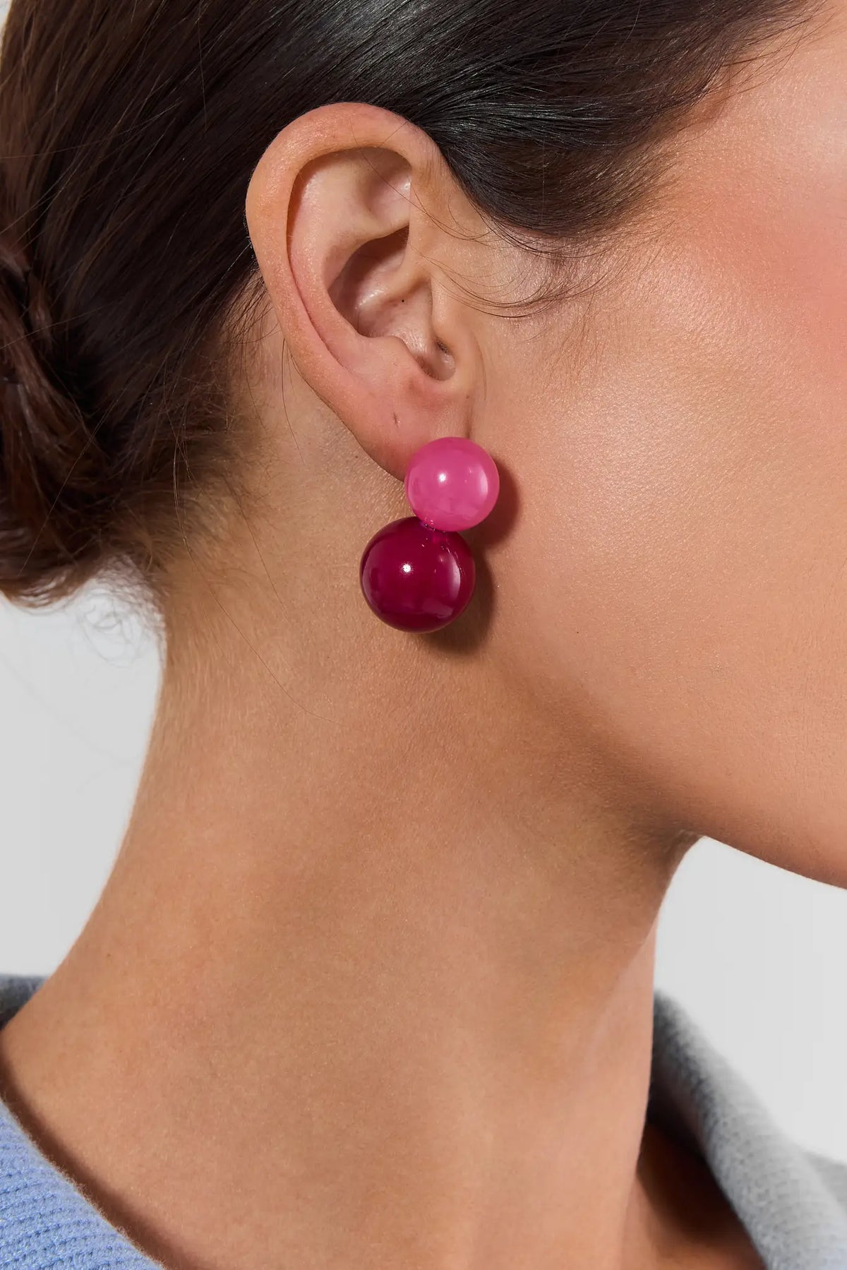 Burgundy Stacked Drop Earrings on Model - Side Profile Close-Up | Avara