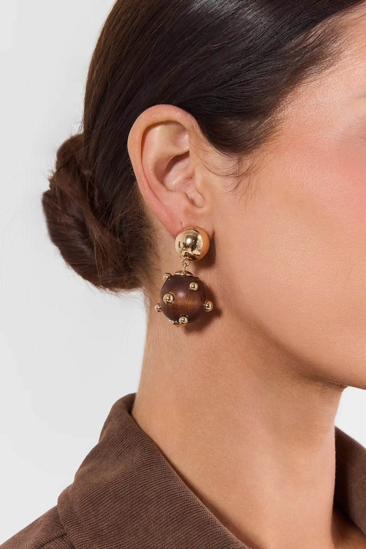 Gold Wooden Stacked Drop Earrings - On Model Side Profile | Avara